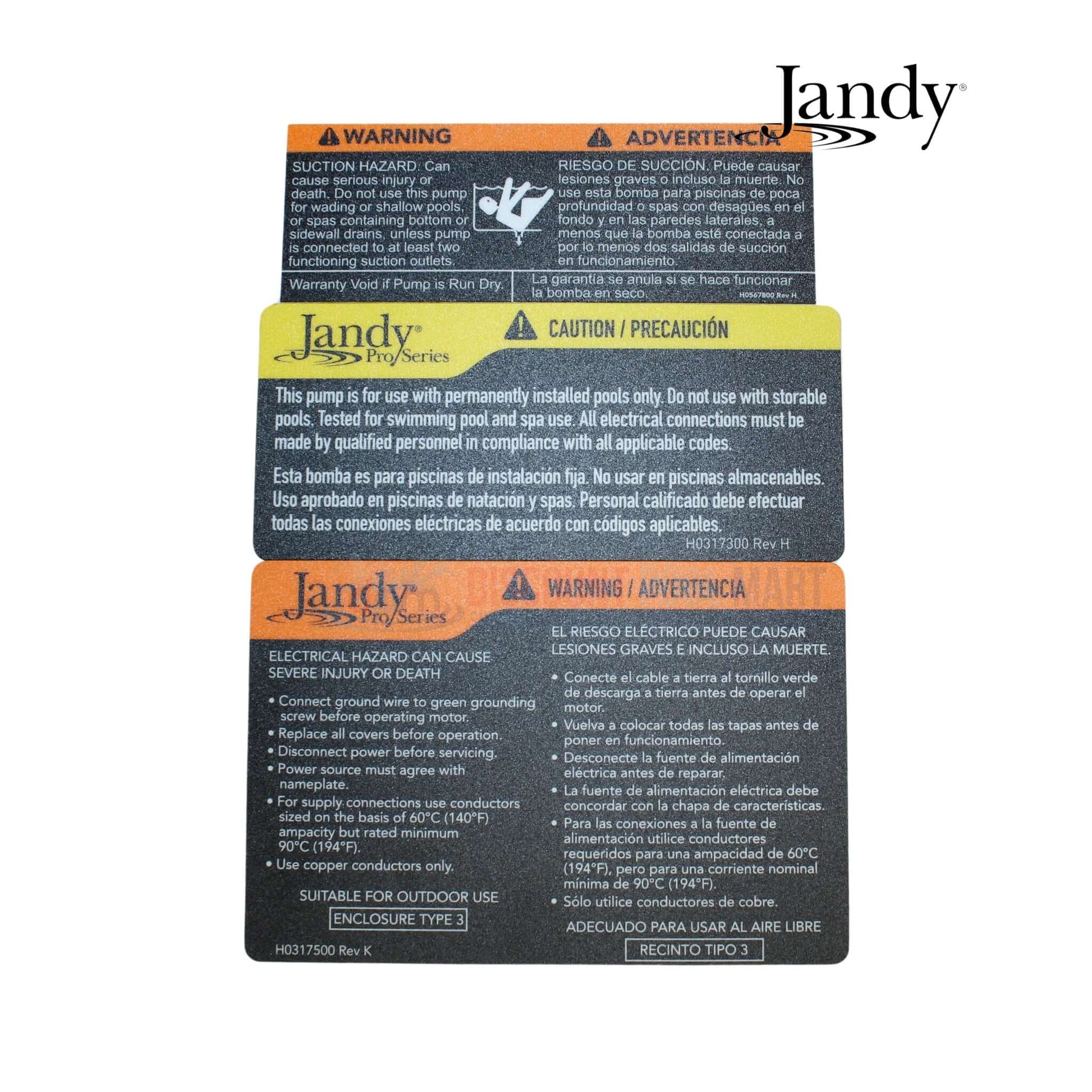 Jandy Pump Safety Instructions for FloPro Series, including warning, caution, and electrical hazard info from Discount Pool Mart DPM.