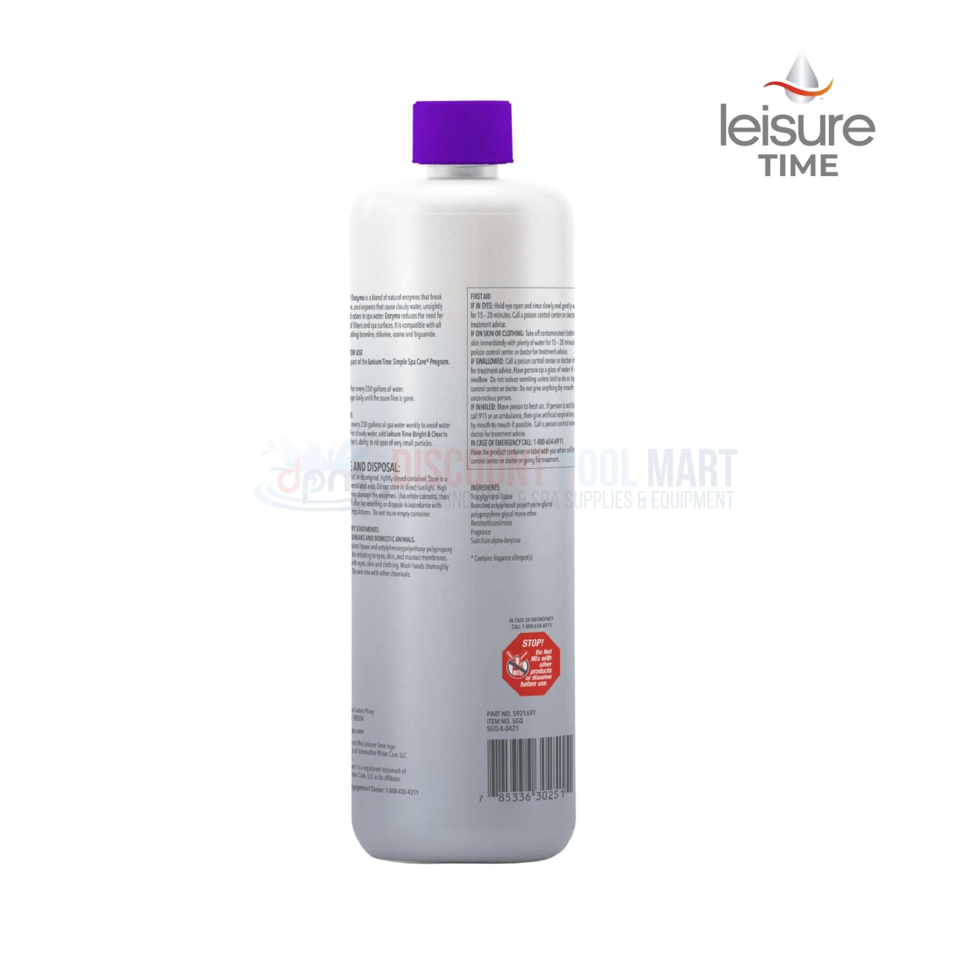 Leisure Time Enzyme 32 oz. bottle from Discount Pool Mart DPM for spa maintenance, breaking down impurities and odors.