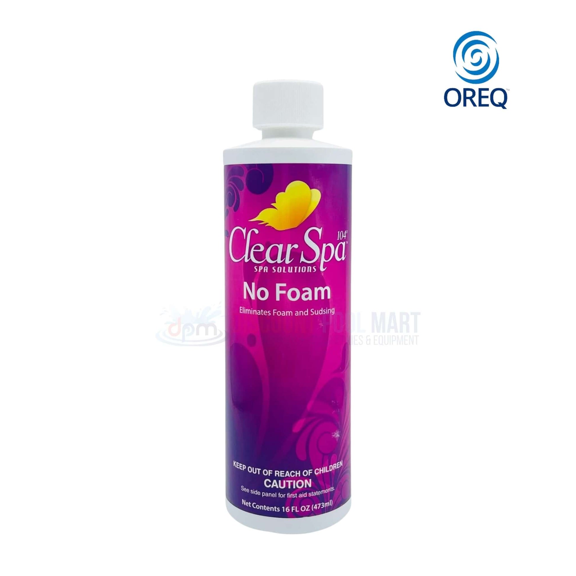 Oreq Clear Spa No Foam 16oz solution for spas by Discount Pool Mart, eliminates foam and suds effectively.