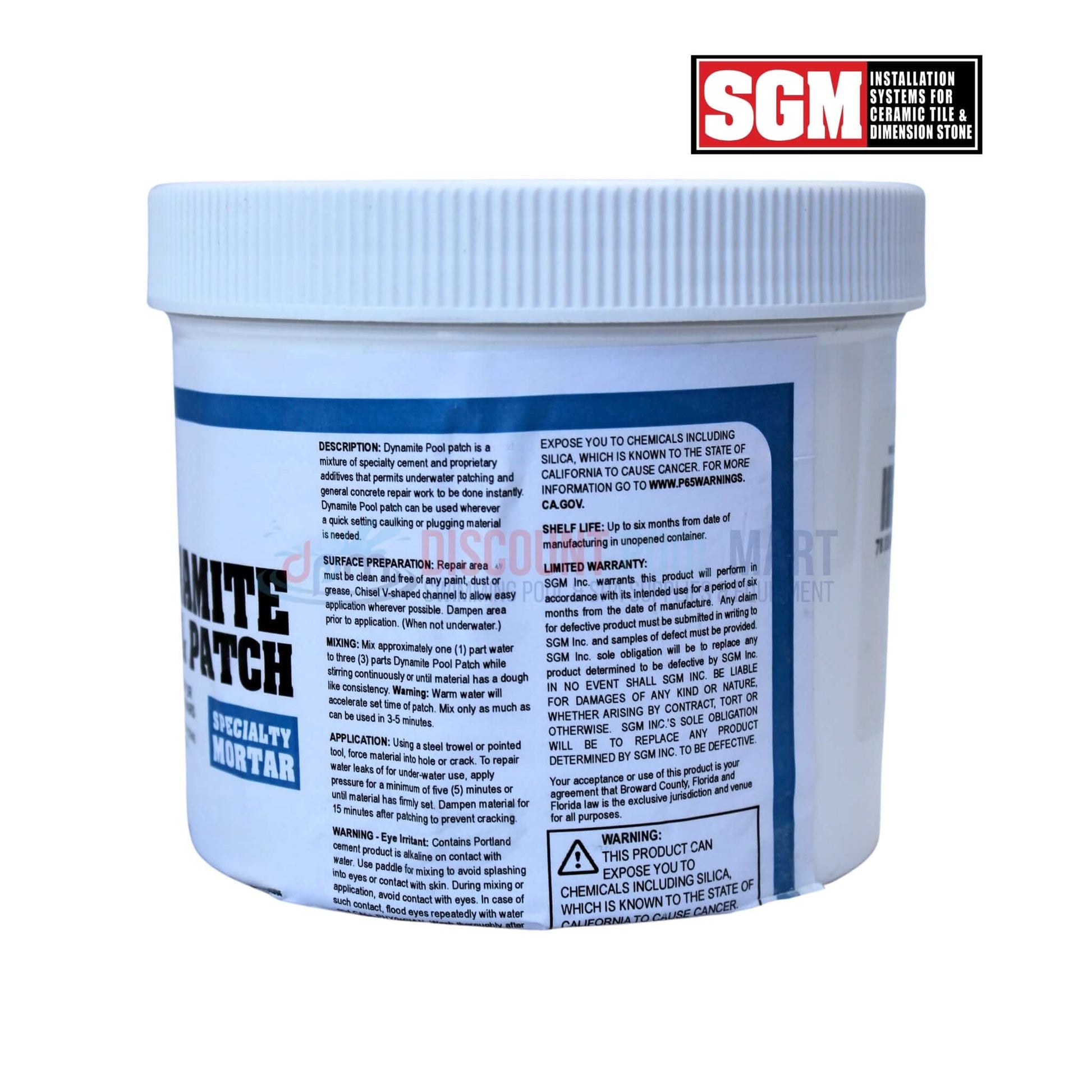 SGM Dynamite Underwater Pool Patch Repair | White | 3lbs in a container view, ideal for pool repairs, available at Discount Pool Mart.