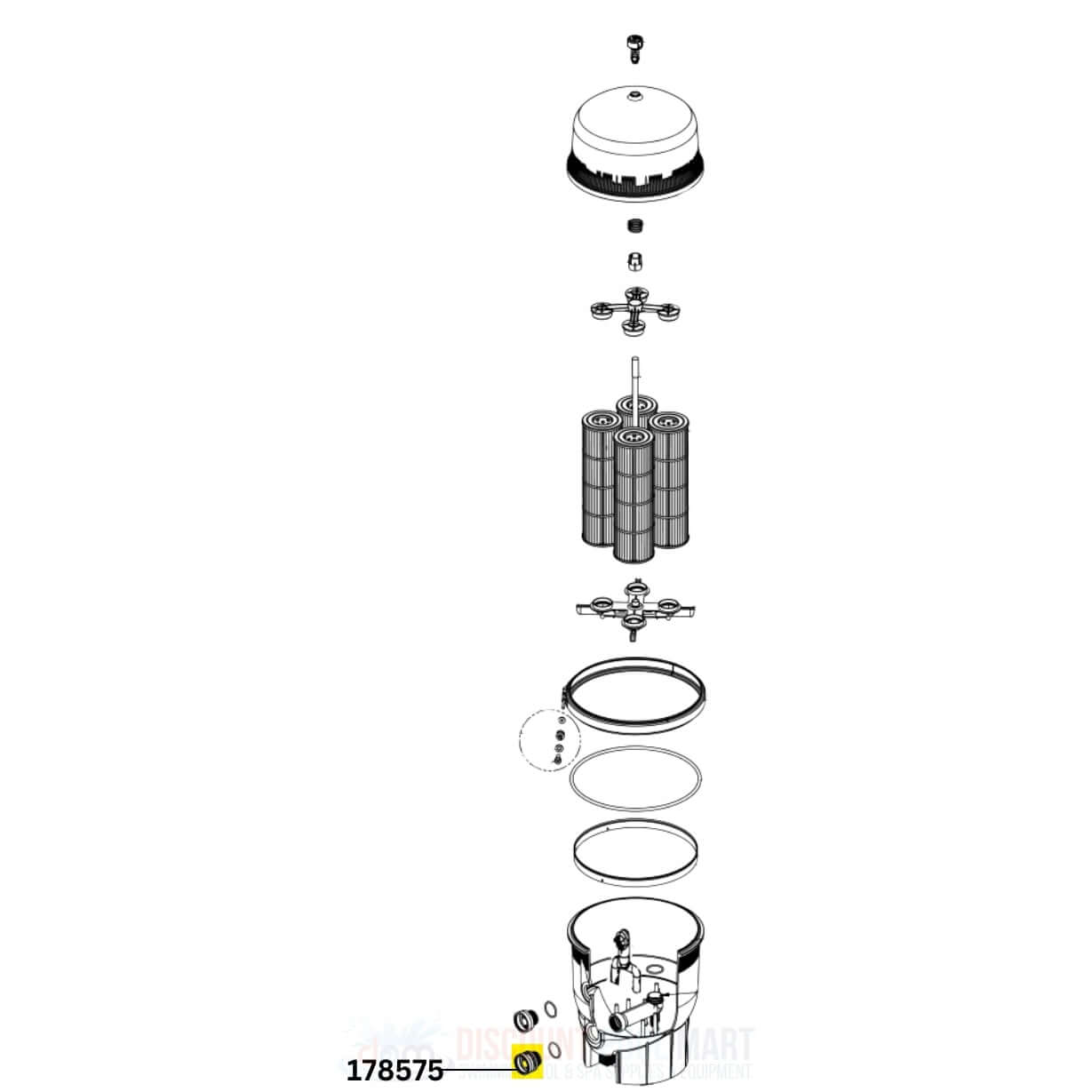 Pentair Bottom Bulkhead 178575 diagram for Quad DE Filters from Discount Pool Mart DPM, showing all components.