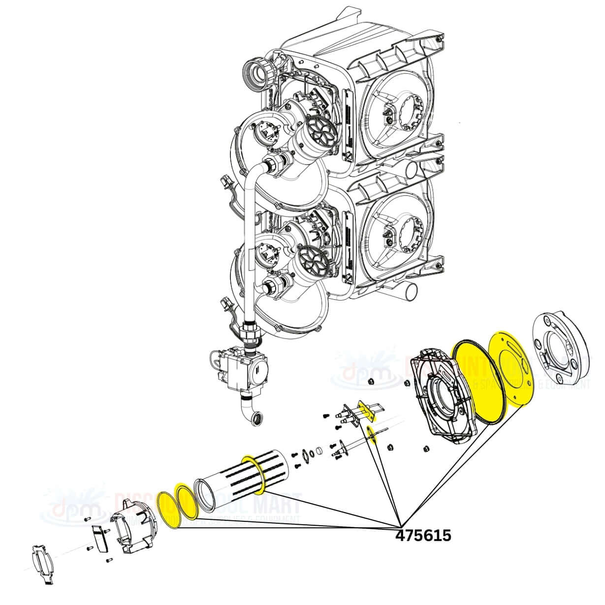 Diagram of Pentair Heat Exchanger and Chimney Gaskets Kit 475615 for ETI 400 Heaters from Discount Pool Mart DPM.