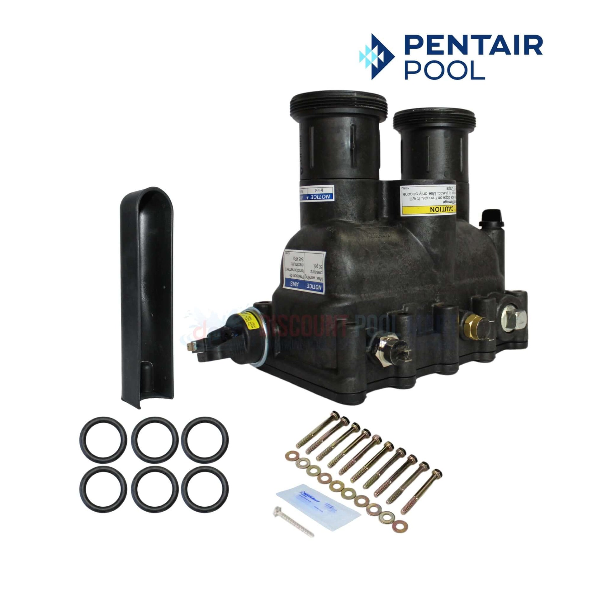 Pentair manifold kit for MasterTemp & Max-E-Therm heaters, SKU 77707-0014, showing connections, O-rings, and hardware. From Discount Pool Mart.