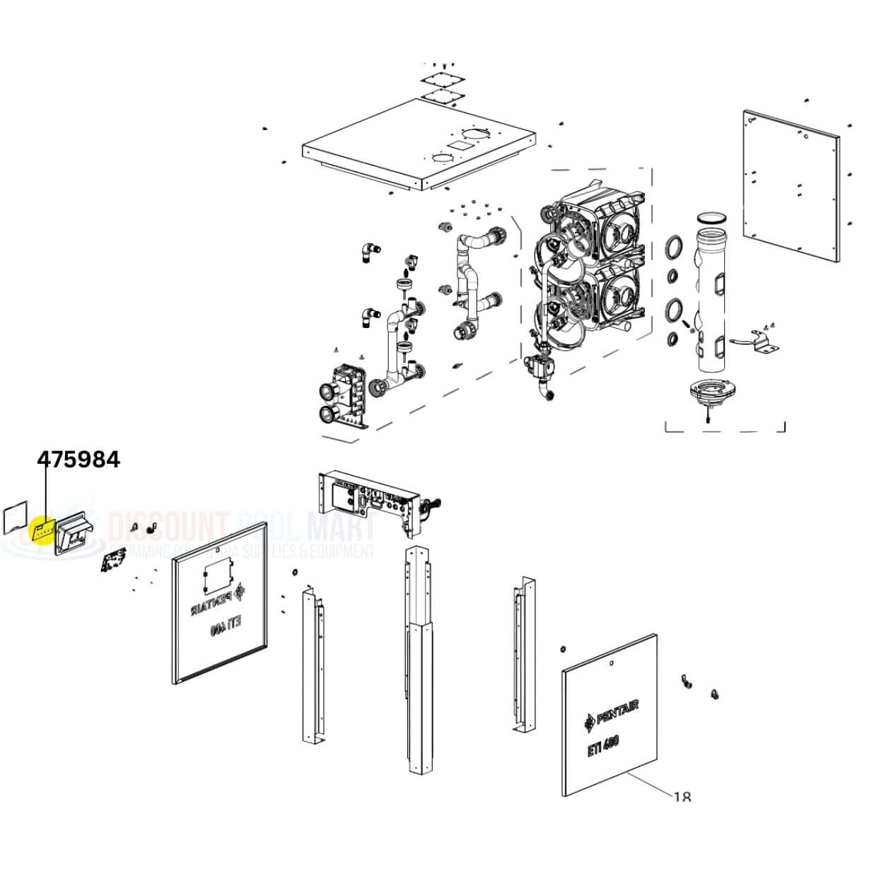 Pentair Membrane Pad ETI 400 Gas Pool Heater 475984 diagram by Discount Pool Mart DPM, detailing components and layout.