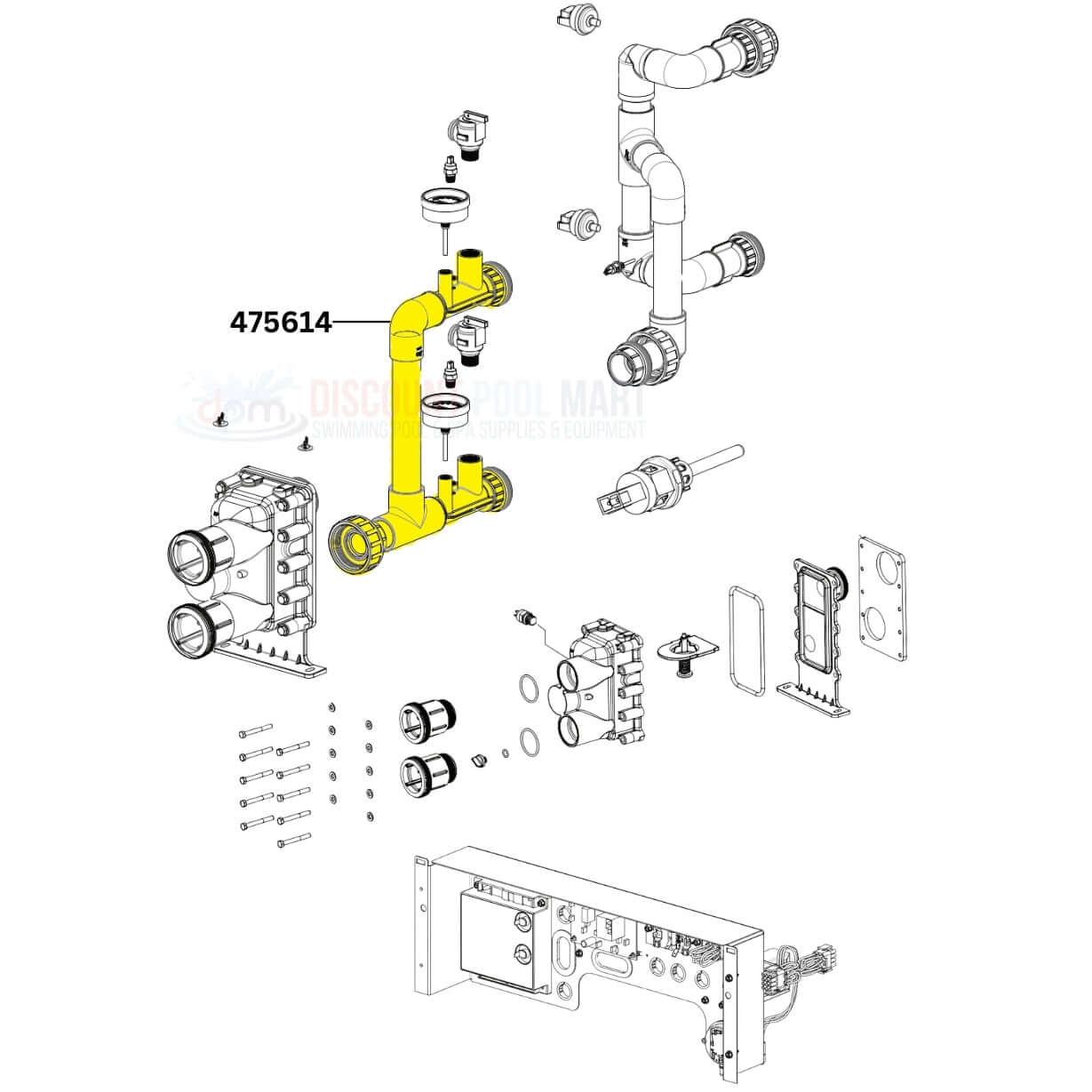 Pentair Outlet Plumbing Assembly 475614 for ETI 400 Heaters by Discount Pool Mart DPM, ensuring efficient pool heating.