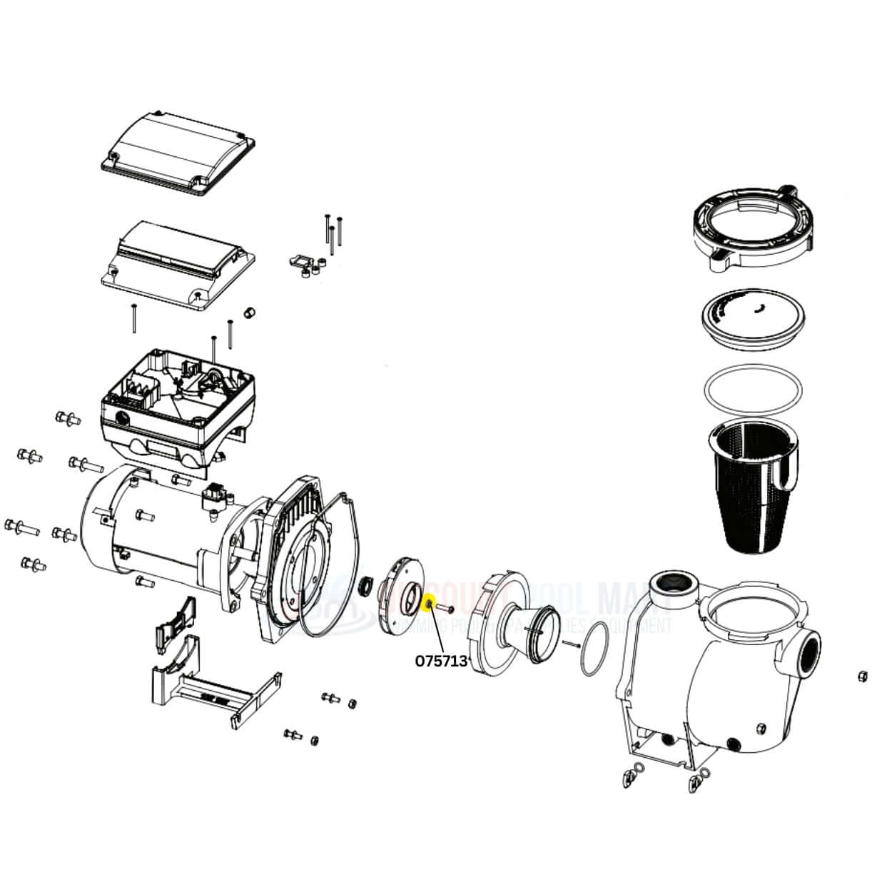 Exploded view diagram of Pentair pump parts, including rubber washer 075713 from Discount Pool Mart DPM.