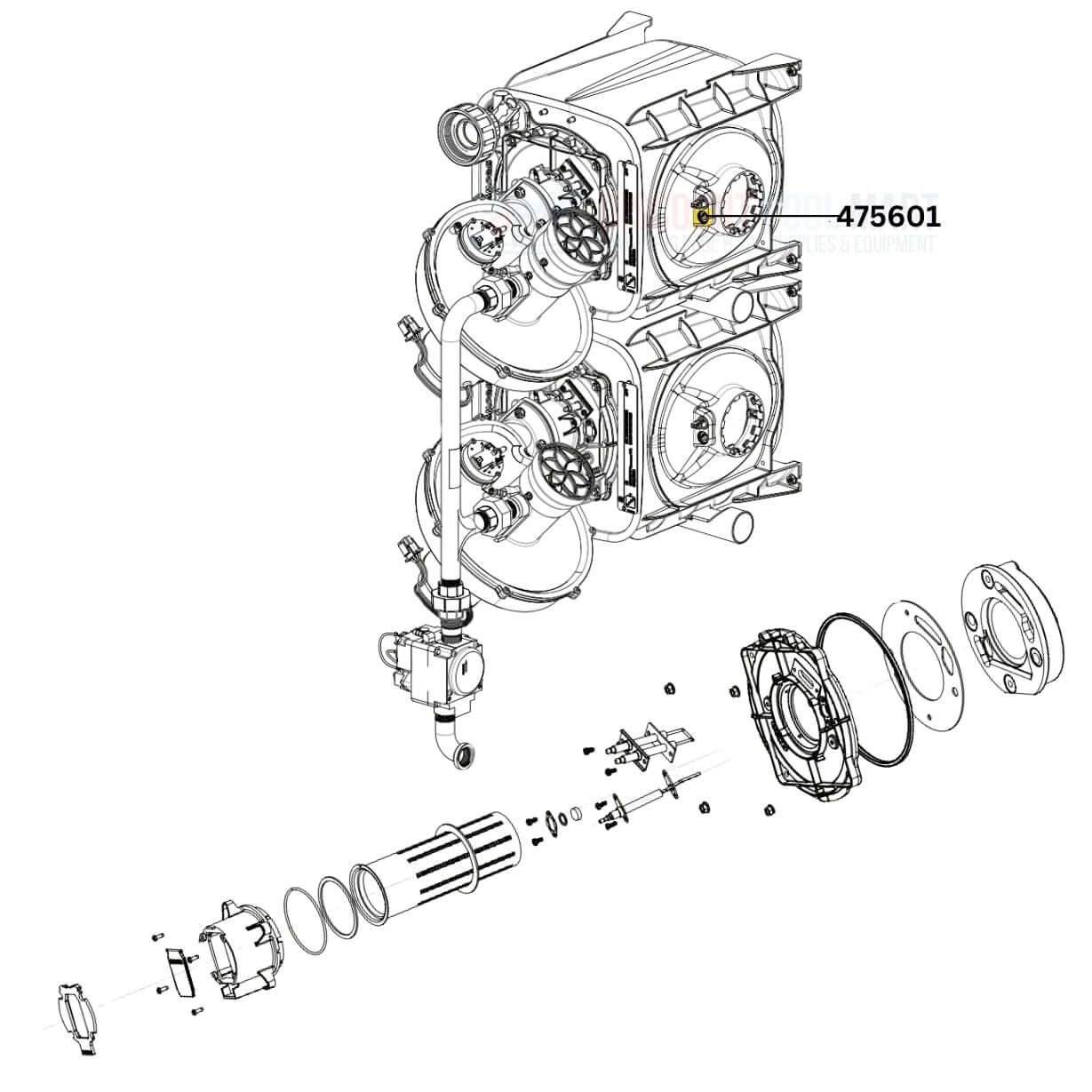 Pentair Stack Flue Sensor ETI 400 Gas Heater diagram with parts labeled 475601 by Discount Pool Mart DPM