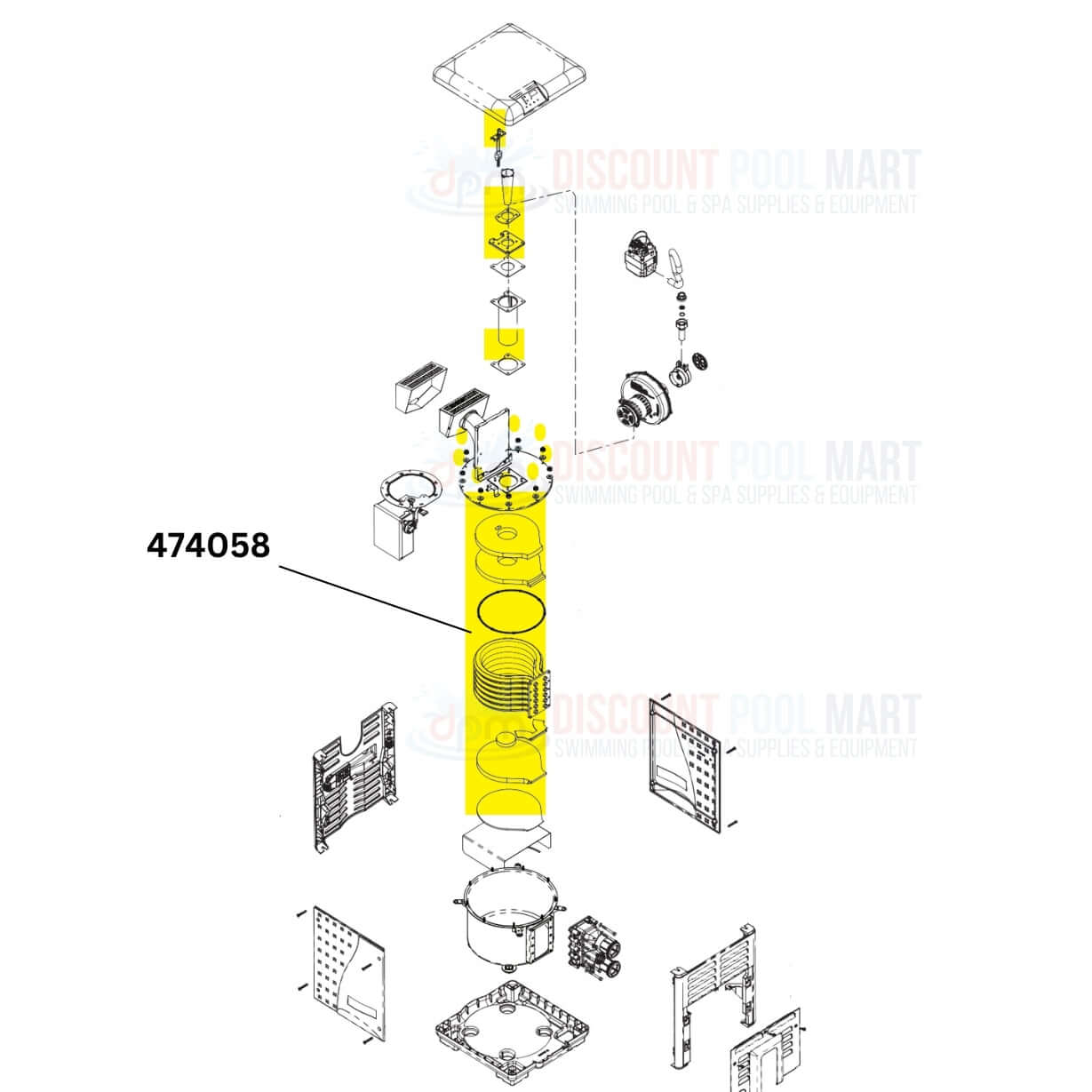 Pentair Tube Sheet Coil Assembly 474058 diagram for MasterTemp & Max-E-Therm heaters at Discount Pool Mart DPM.