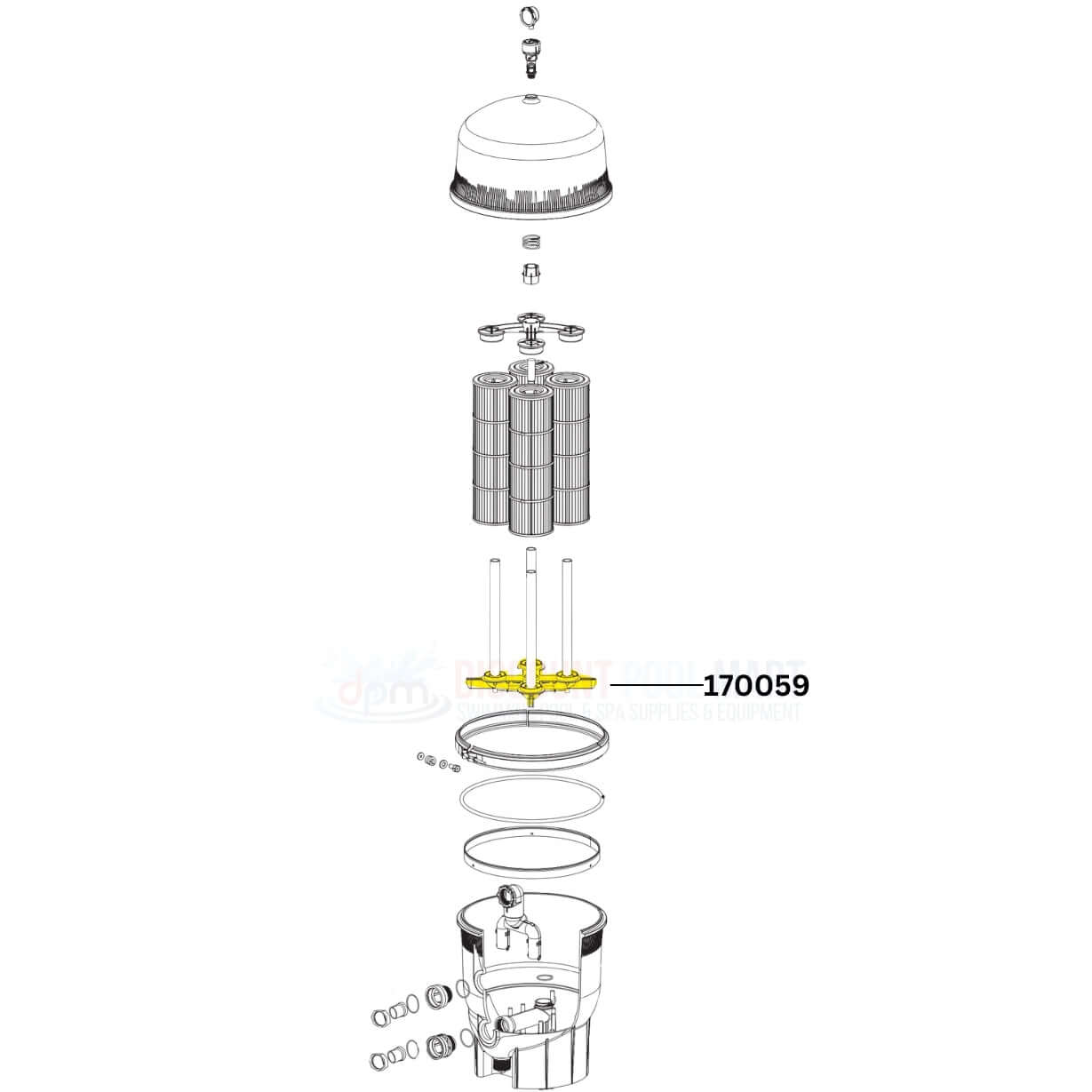 Pentair Bottom Manifold Assembly 170059 exploded view, essential for Quad DE Filters at Discount Pool Mart DPM.