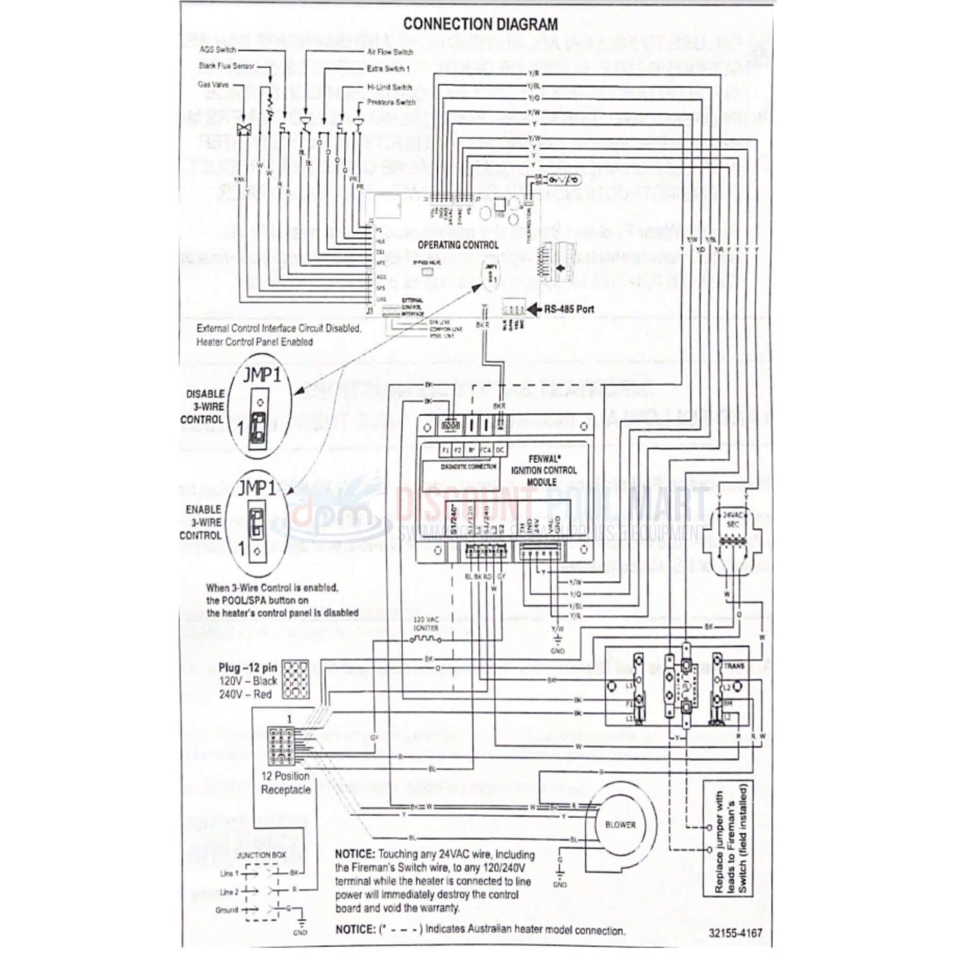 Connection diagram for Pentair Control Board 461105, showing wiring and RS-485 connectivity details for efficient heater operation.