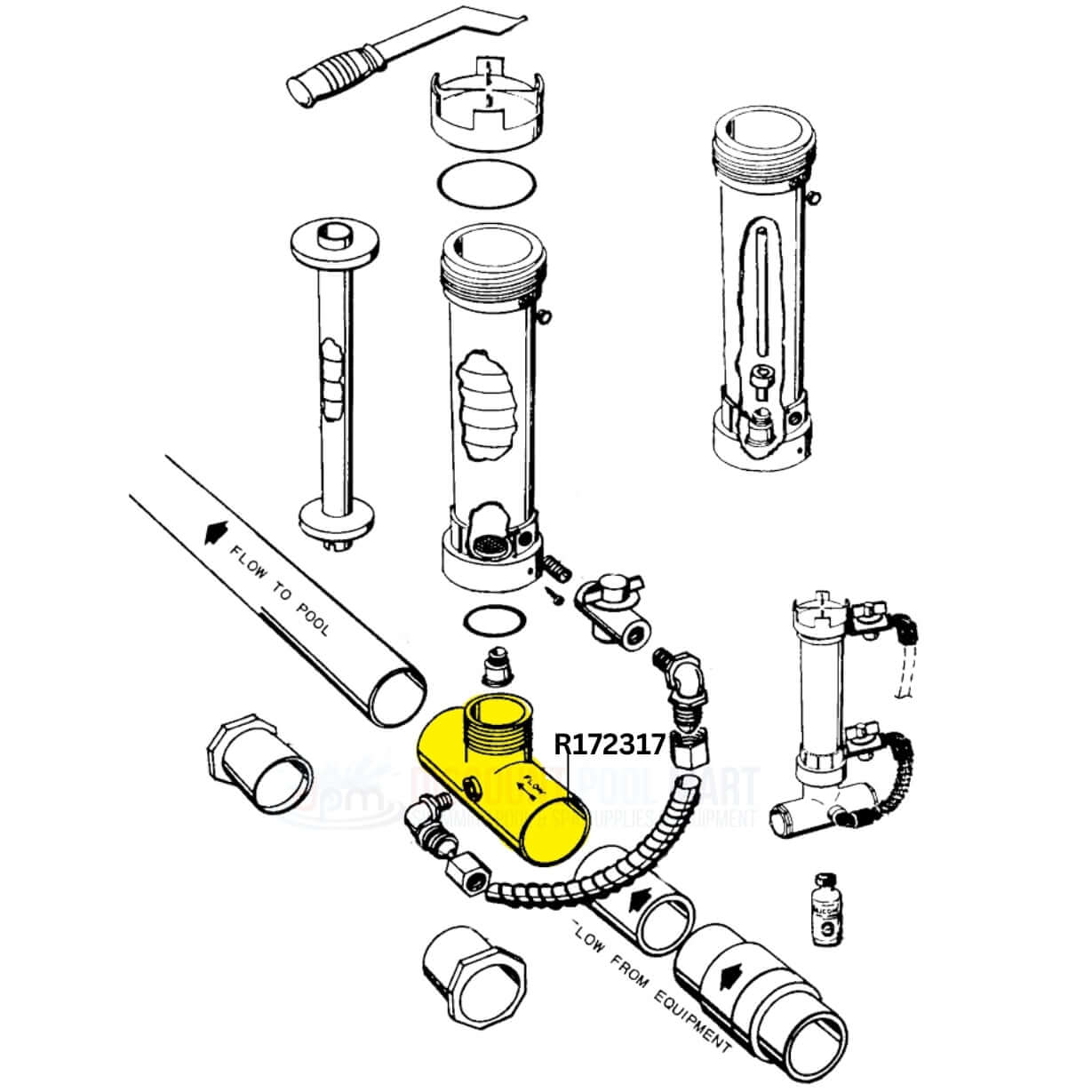 Pentair Diverter Tee R172317 parts diagram showing connections for chemicals in pool systems | Discount Pool Mart DPM