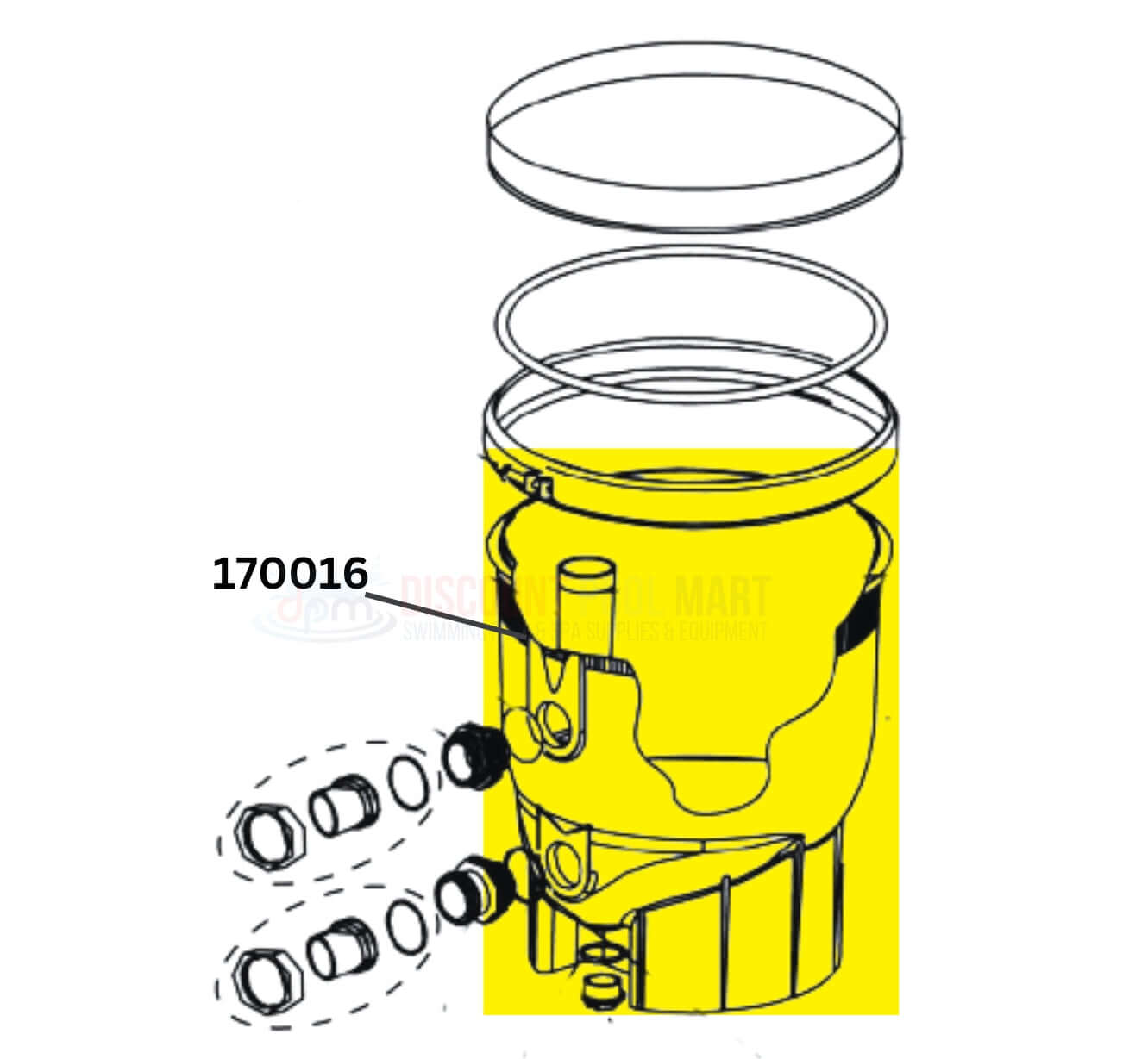 Pentair FNS Plus tank bottom assembly diagram, part 170016, from Discount Pool Mart (DPM) for optimal filtration in pools.