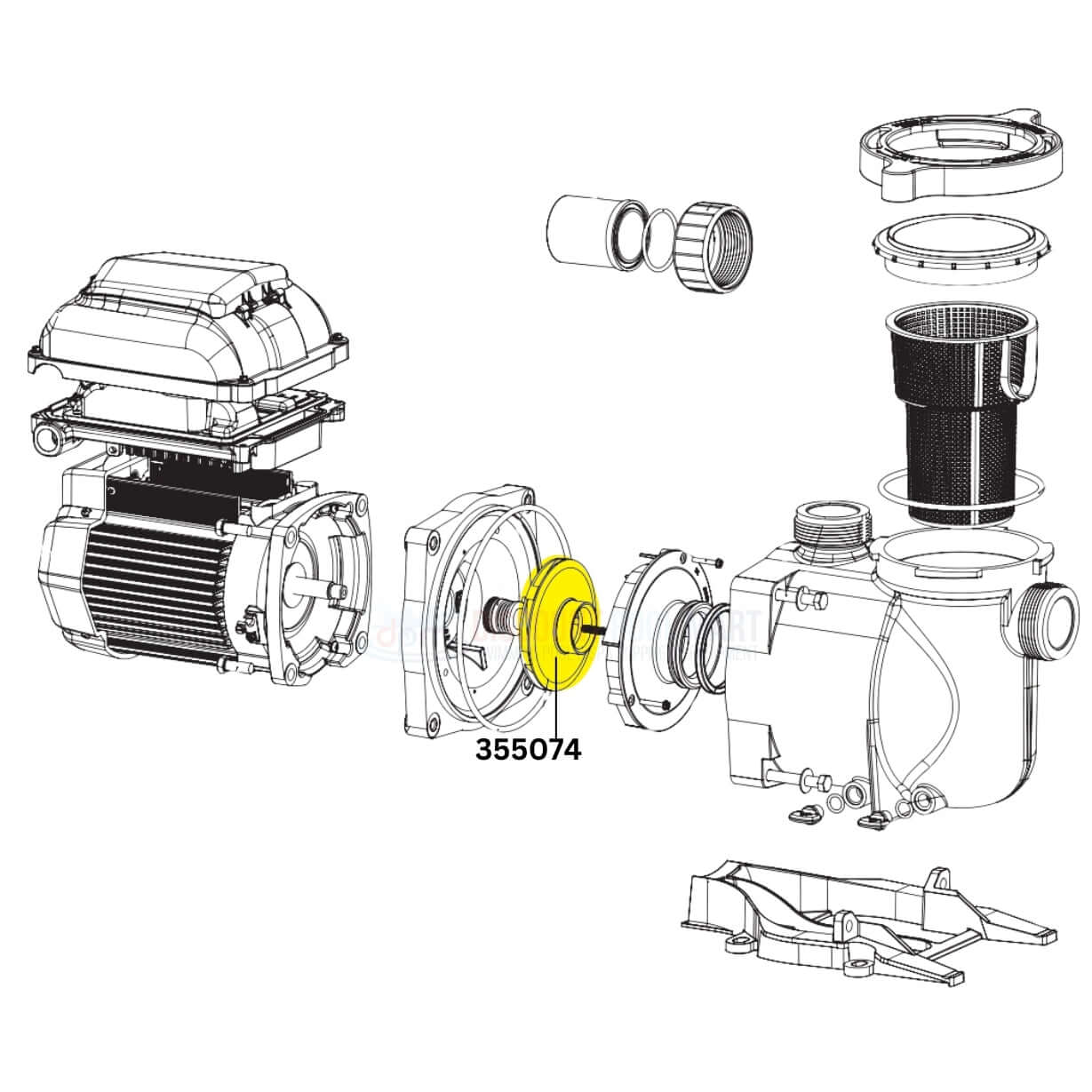 Exploded view of Pentair Impeller Assembly 355074 for SuperMax and SuperFlo Pumps - Discount Pool Mart DPM