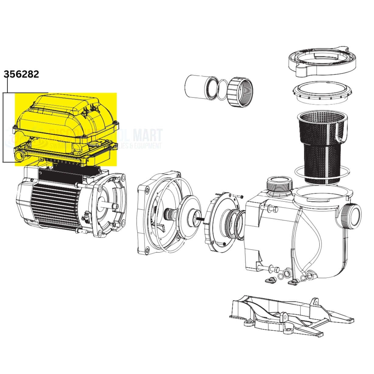 Pentair SuperFlo & WhisperFlo VS/VST Motor Drive Assembly 356282 from Discount Pool Mart DPM, showing installation parts.