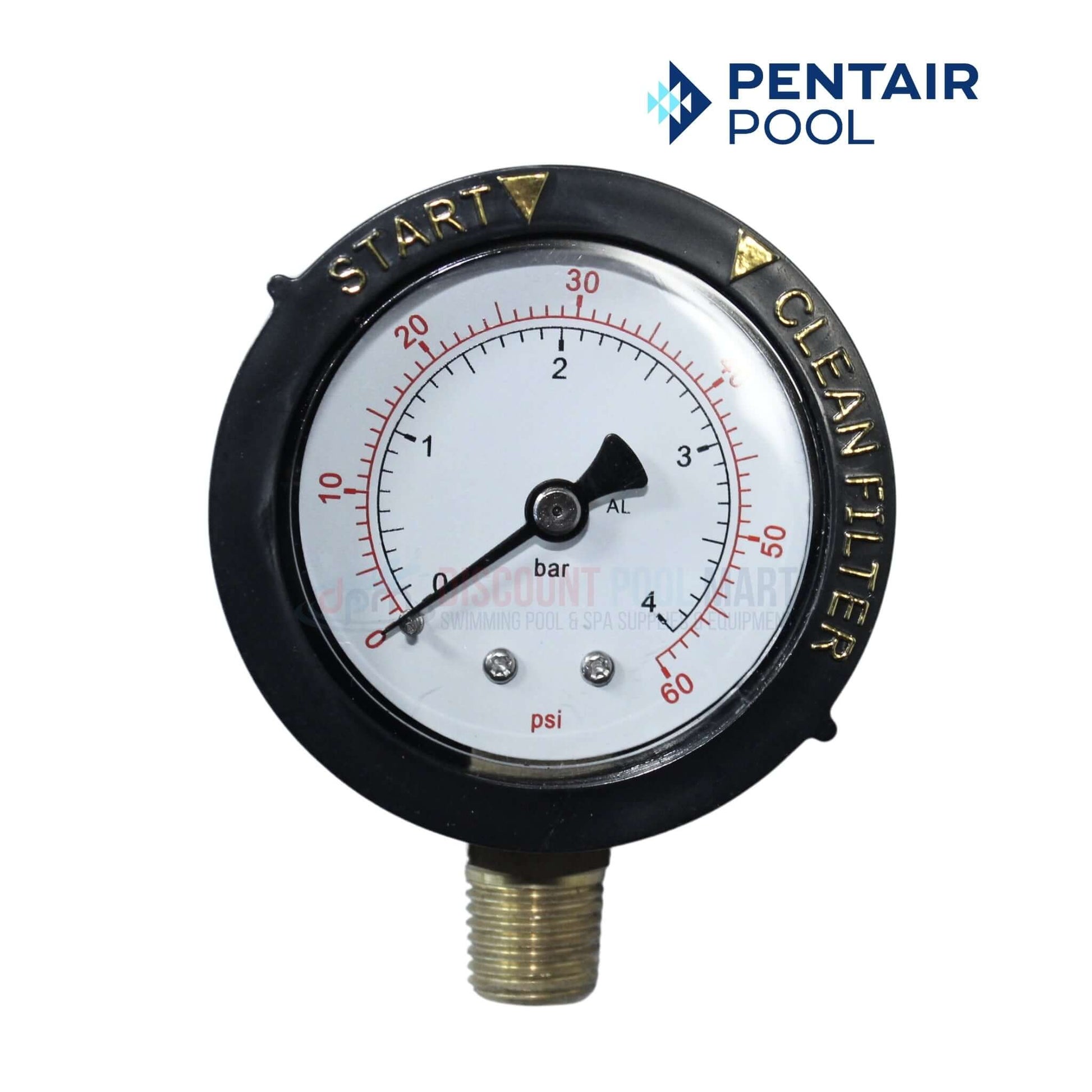 Pentair Pool pressure gauge for clean filter maintenance, showing psi and bar measurements, ideal for pool systems.