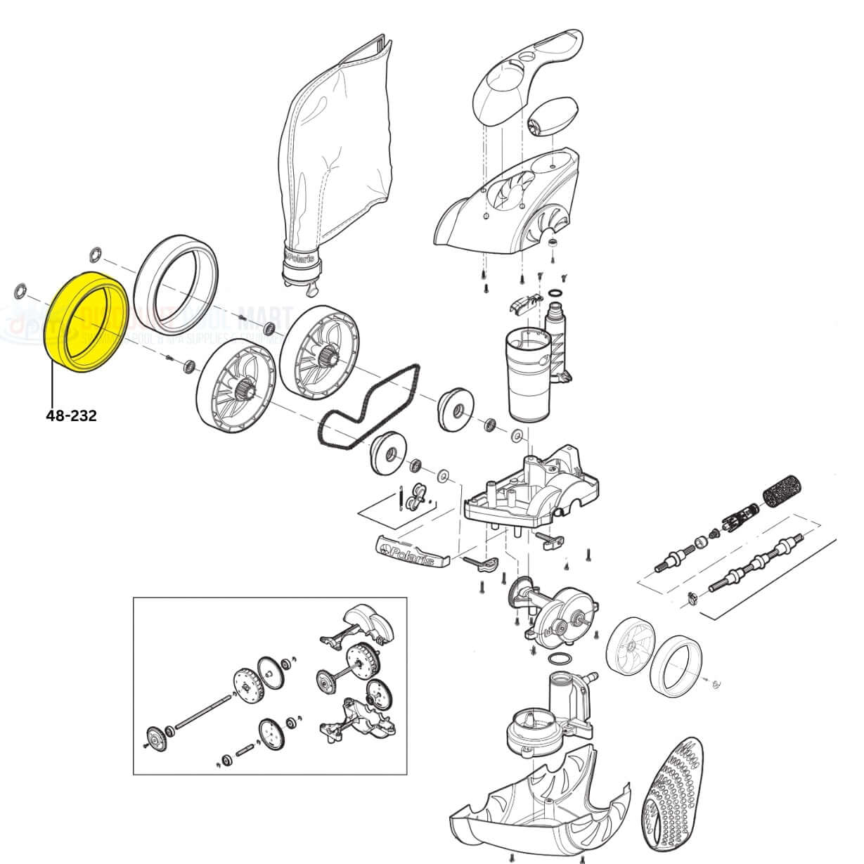 Exploded view of Polaris WideTrax Tire 48-232, featuring parts for Polaris 3900 Sport and P39 cleaners. Discount Pool Mart DPM.