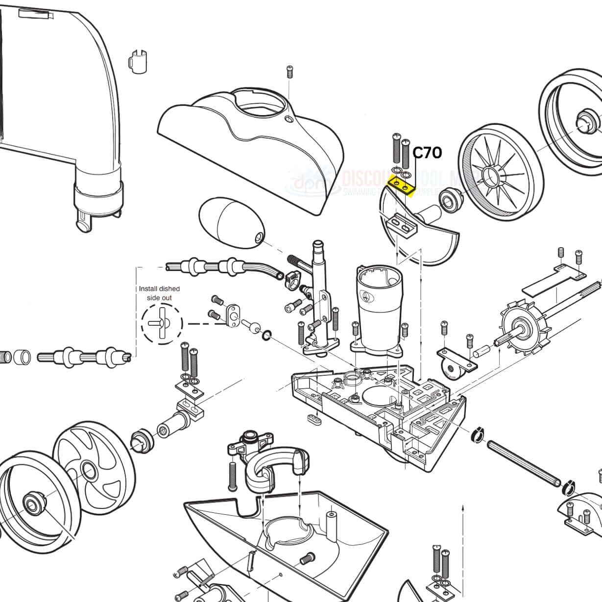 Exploded view diagram of Polaris Axle Plate C70 for Vac-Sweep 180 and 280 Cleaners from Discount Pool Mart DPM.