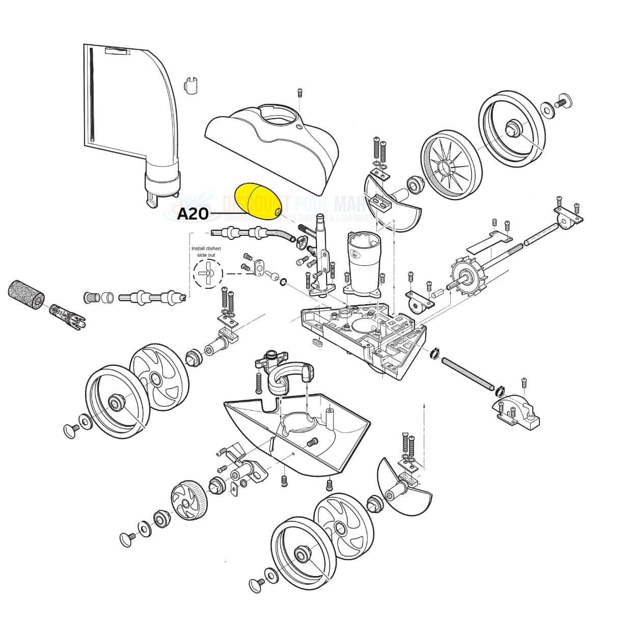 Polaris A20 Head Float Diagram for Vac-Sweep Cleaners at Discount Pool Mart DPM, showing parts and assembly.