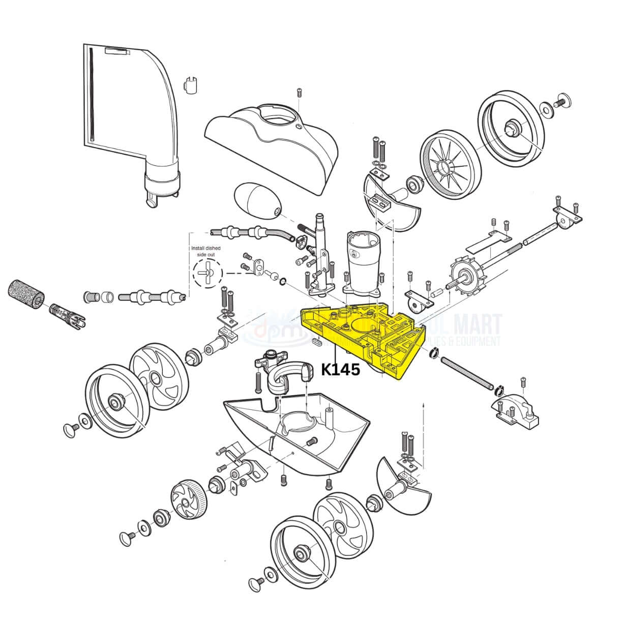 Diagram of Polaris Internal Frame K145 for Vac-Sweep 280 Cleaners by Discount Pool Mart DPM, highlighting components.
