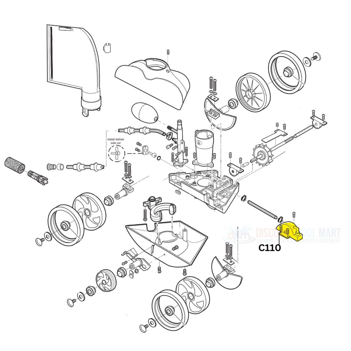 Exploded view of Polaris C110 turbine cover and components for Vac-Sweep 180 and 280 by Discount Pool Mart DPM.