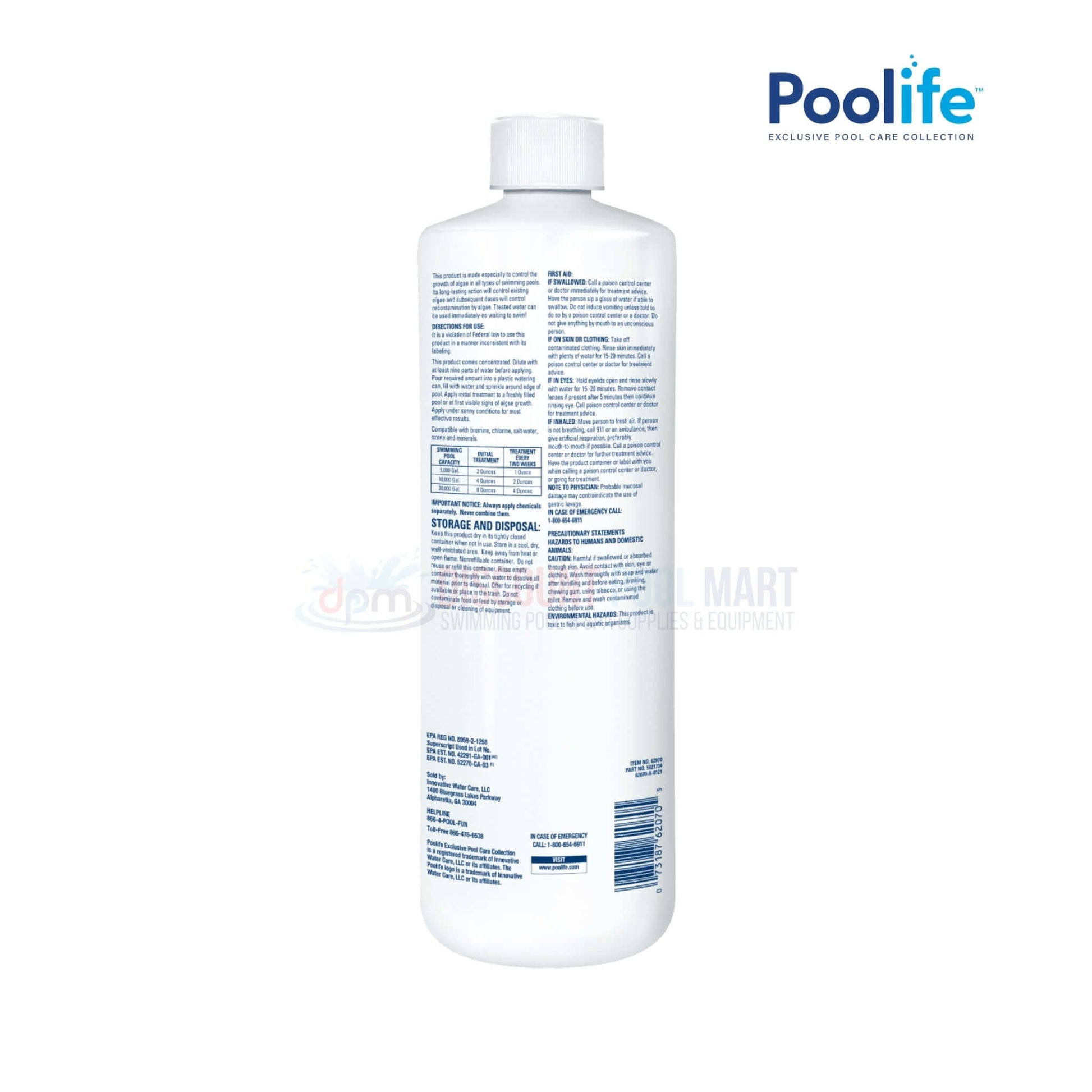 Poolife AlgaeKill II Copper Based 1 qt bottle back view, effective algaecide from Discount Pool Mart DPM.