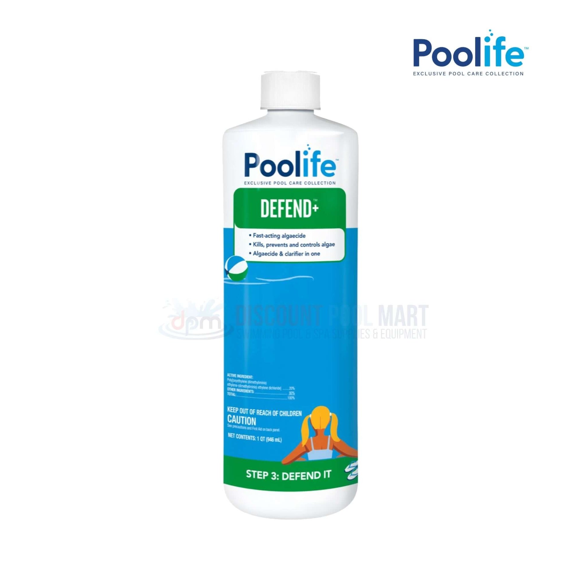 Poolife Defend+ Pool Algacide 62076 from Discount Pool Mart, a multi-functional, non-foaming algaecide for clear pool water.