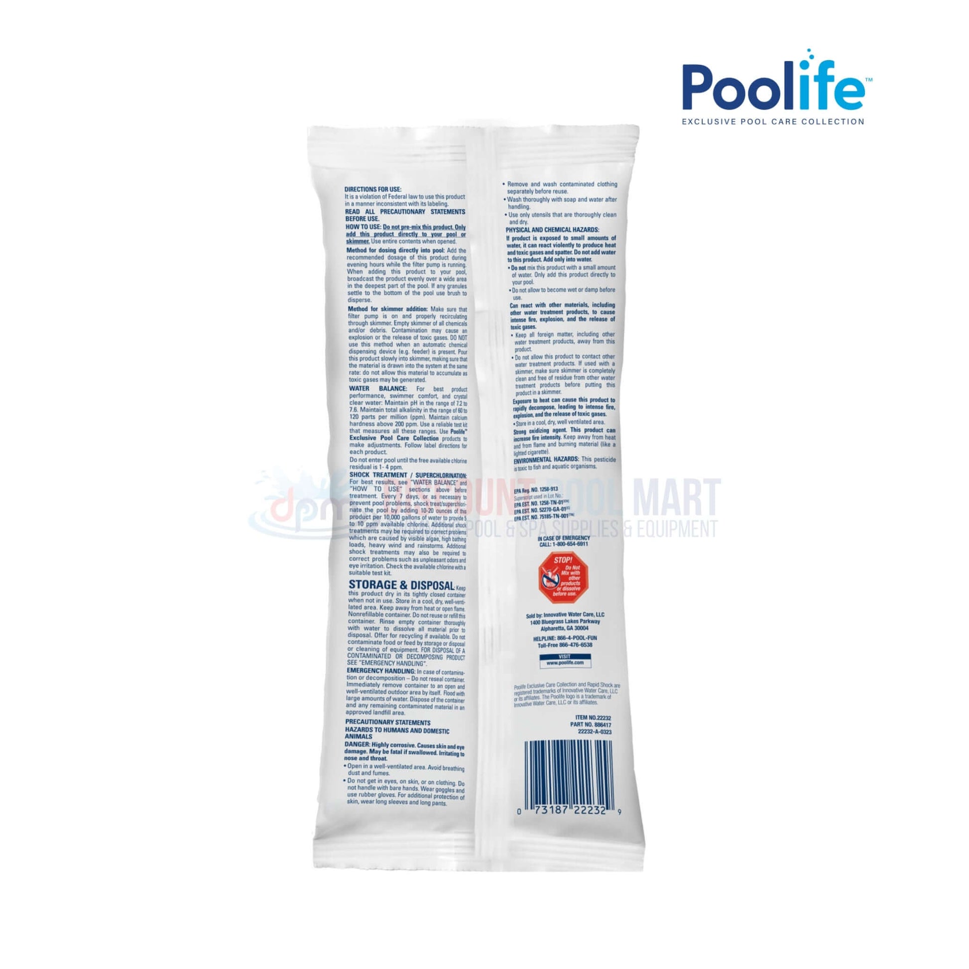Back of Poolife Rapid Shock Pool Shock Treatment 1 lb packaging, featuring usage instructions and safety information. SKU 22232. Discount Pool Mart pool supplies.
