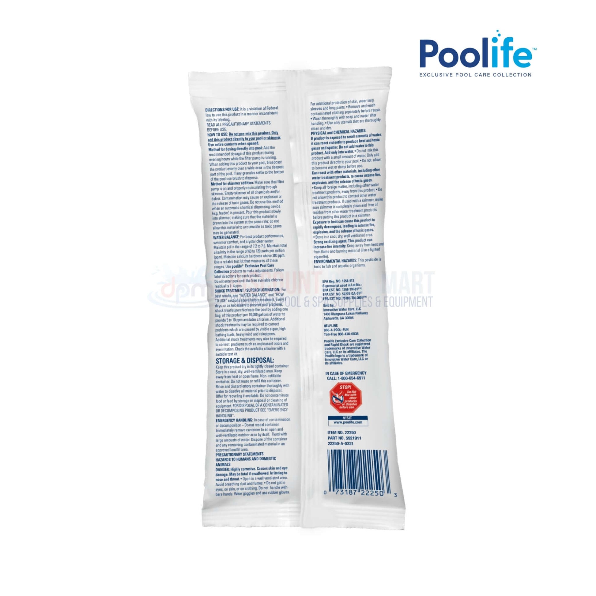 Back packaging of Poolife Rapid Shock Shock Treatment 1 lb by Discount Pool Mart DPM, details on usage and storage.