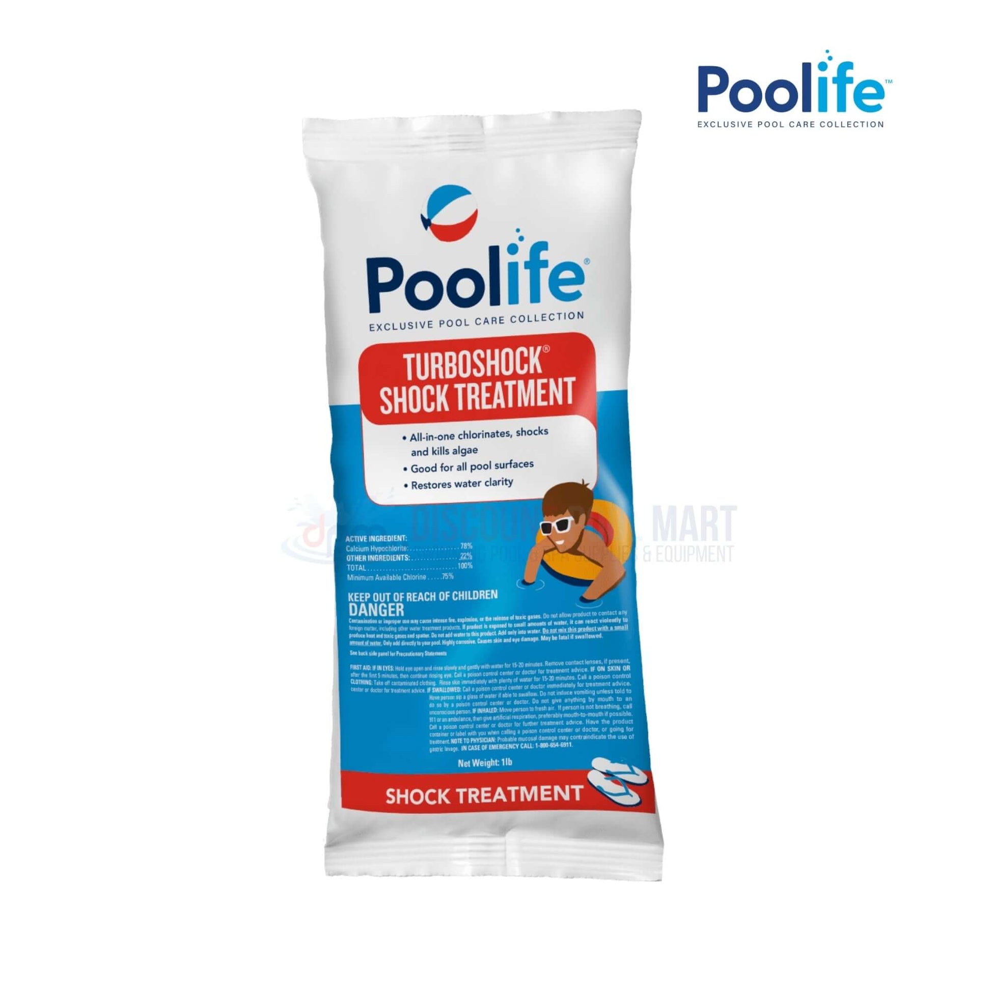 Poolife TurboShock shock treatment, 1 lb pack, 78% calcium hypochlorite, available at Discount Pool Mart DPM.