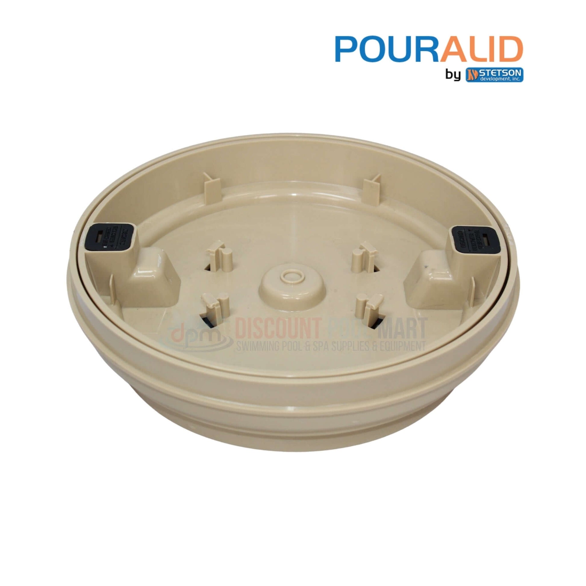 Pour-A-Lid Round Skimmer Cover 10" in Tan by Discount Pool Mart, model 201PALTAN, perfect for seamless pool integration.