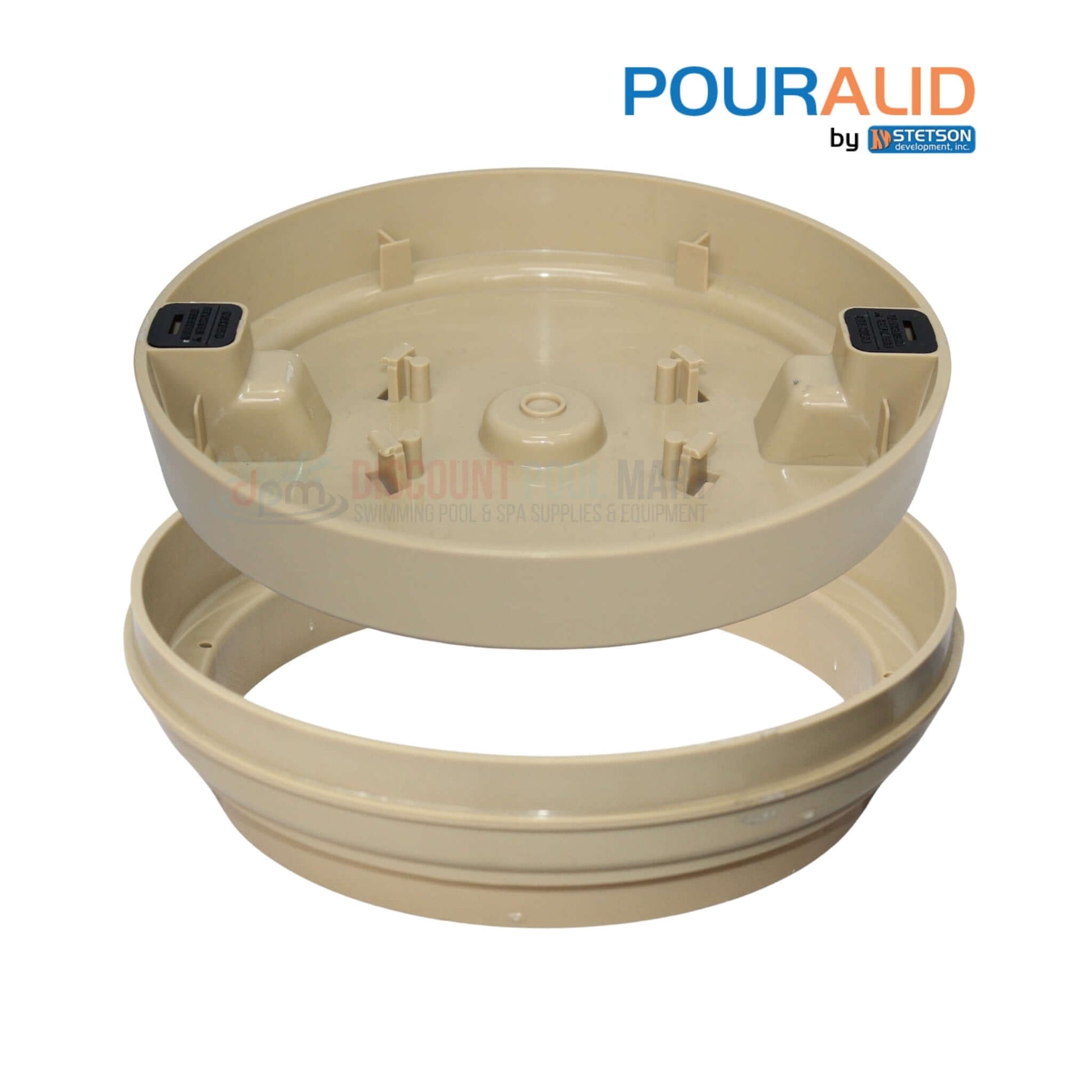 Pour-A-Lid Tan Round Skimmer Cover 10" 201PALTAN by Discount Pool Mart DPM with customizable fit for pool decks.