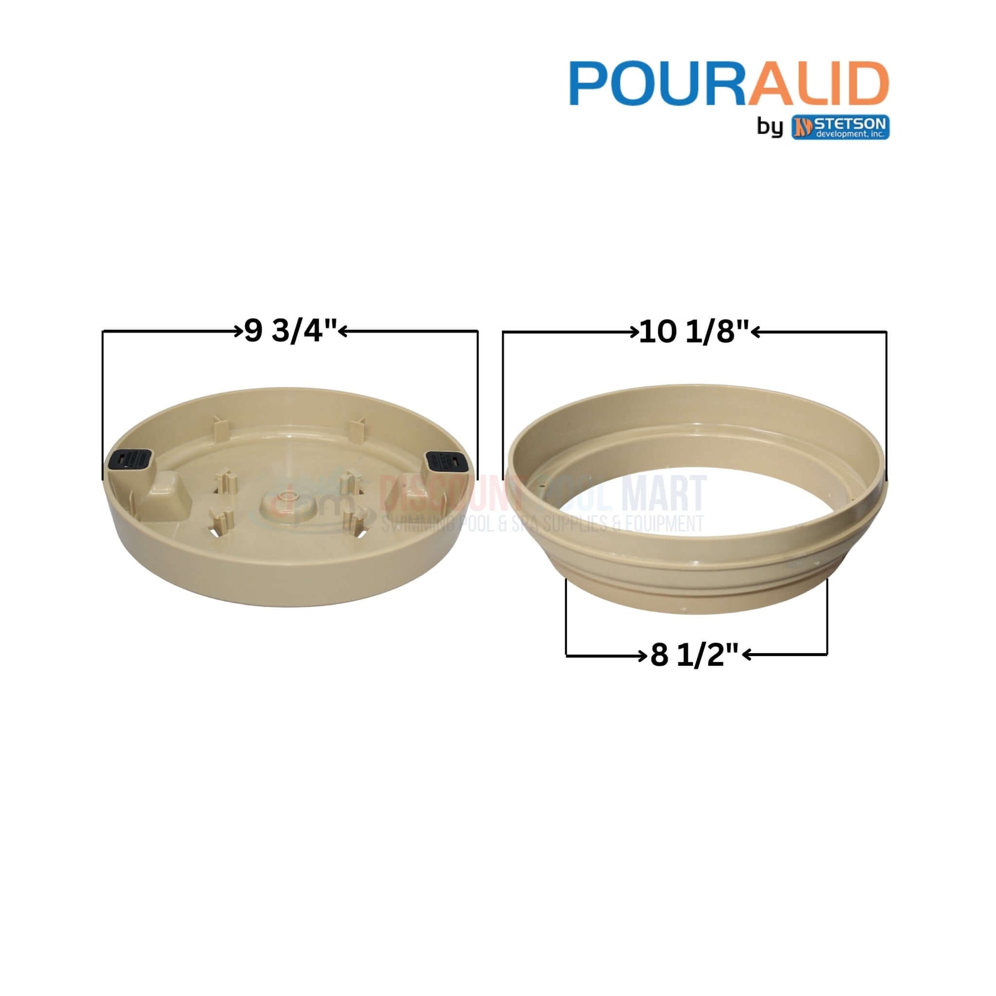 Pour-A-Lid Round Skimmer Cover dimensions 10-inch Tan 201PALTAN by Discount Pool Mart DPM, showcasing top and side views.