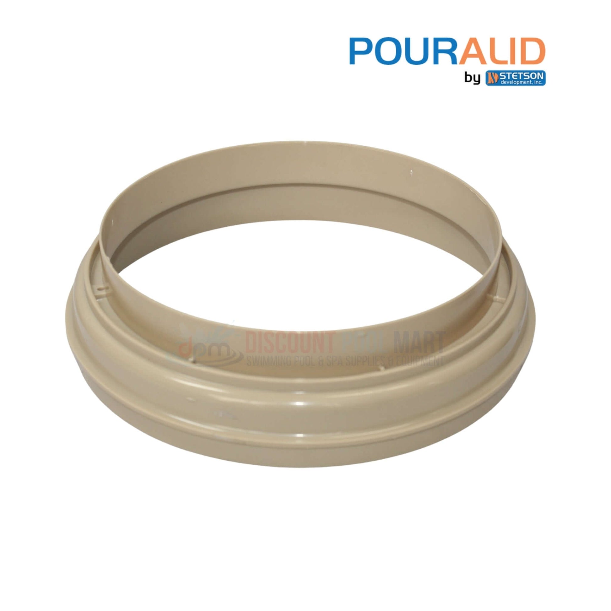 Pour-A-Lid Round Skimmer Cover collar in tan, 10" diameter, from Discount Pool Mart, model 201PALTAN for deck customization.