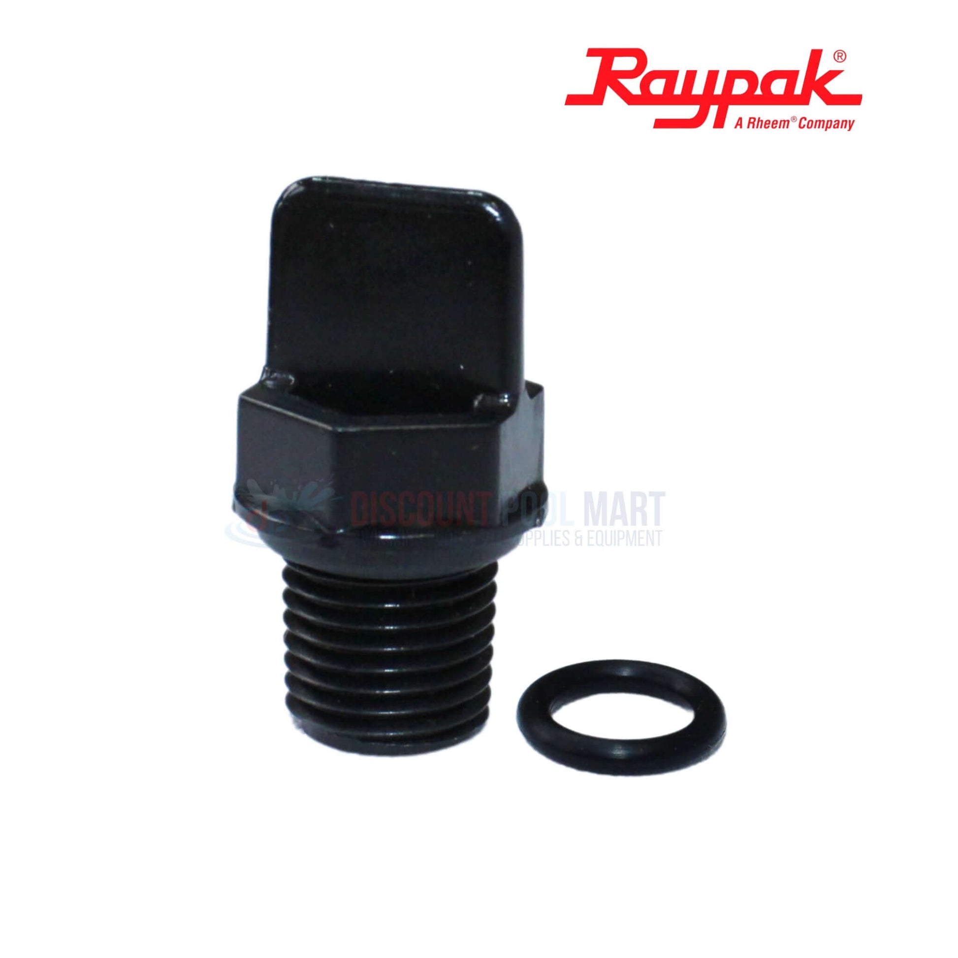Raypak Capron Drain Plug 006721F from Discount Pool Mart, black with O-ring for AVIA Low Nox Heaters, durable pool supply part.