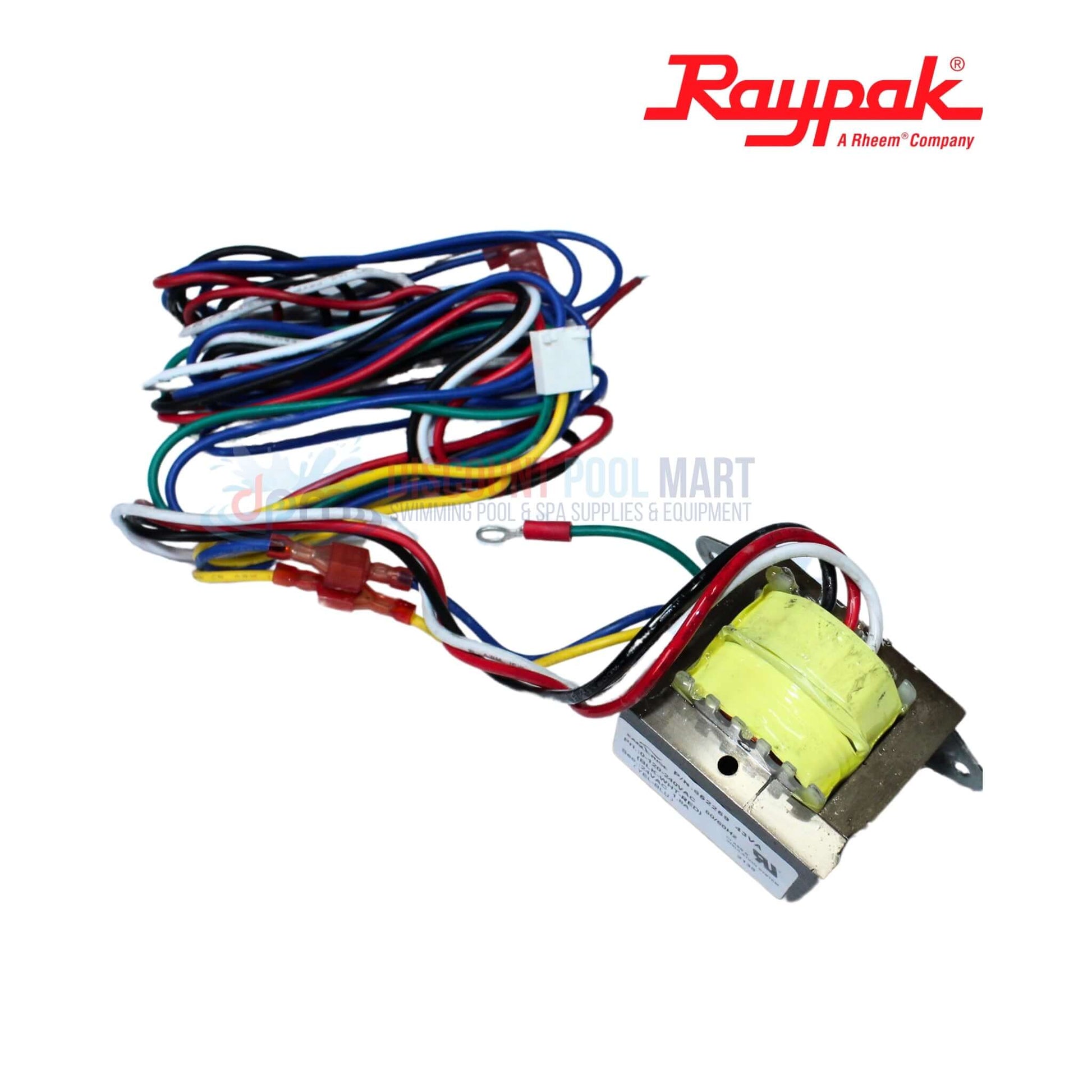 Raypak Transformer model 018858F for AVIA 404/264 heaters, yellow and multi-colored wires, from Discount Pool Mart.