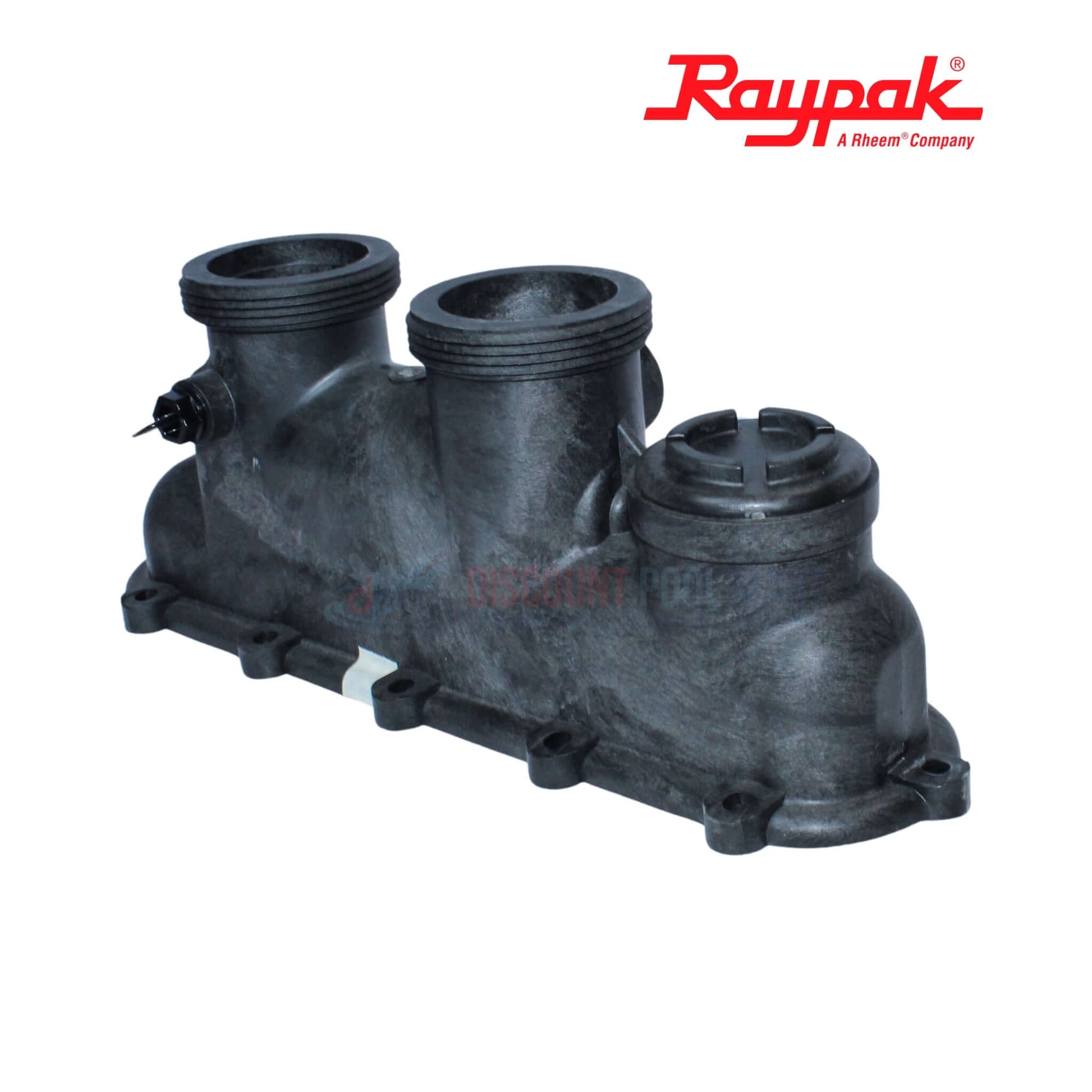 Raypak Inlet Outlet Header Assembly for Polymer Heaters 006827F from Discount Pool Mart DPM, durable and corrosion-resistant.