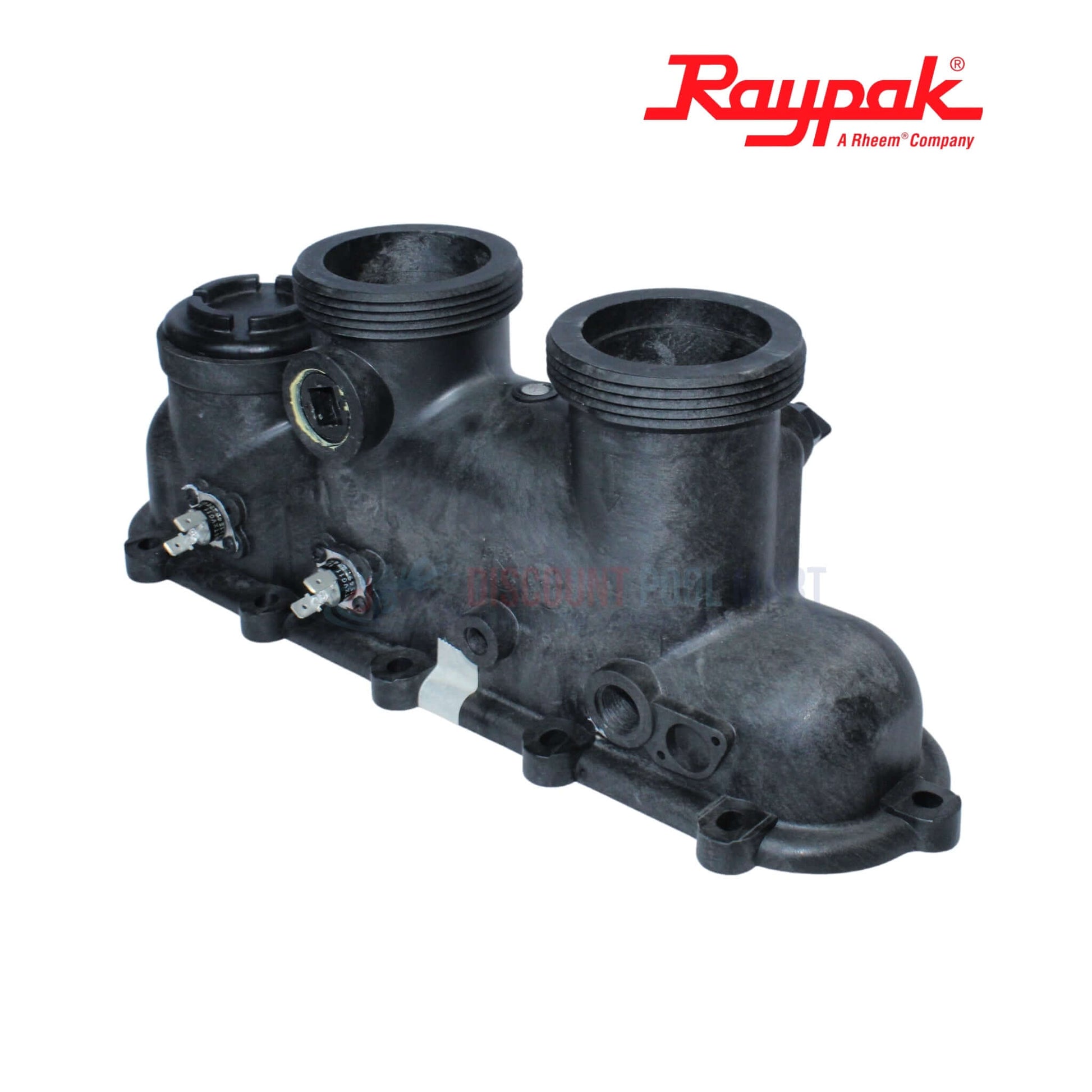 Raypak Inlet Outlet Header Assembly for Polymer Heaters 006827F by Discount Pool Mart DPM, durable and corrosion-resistant.