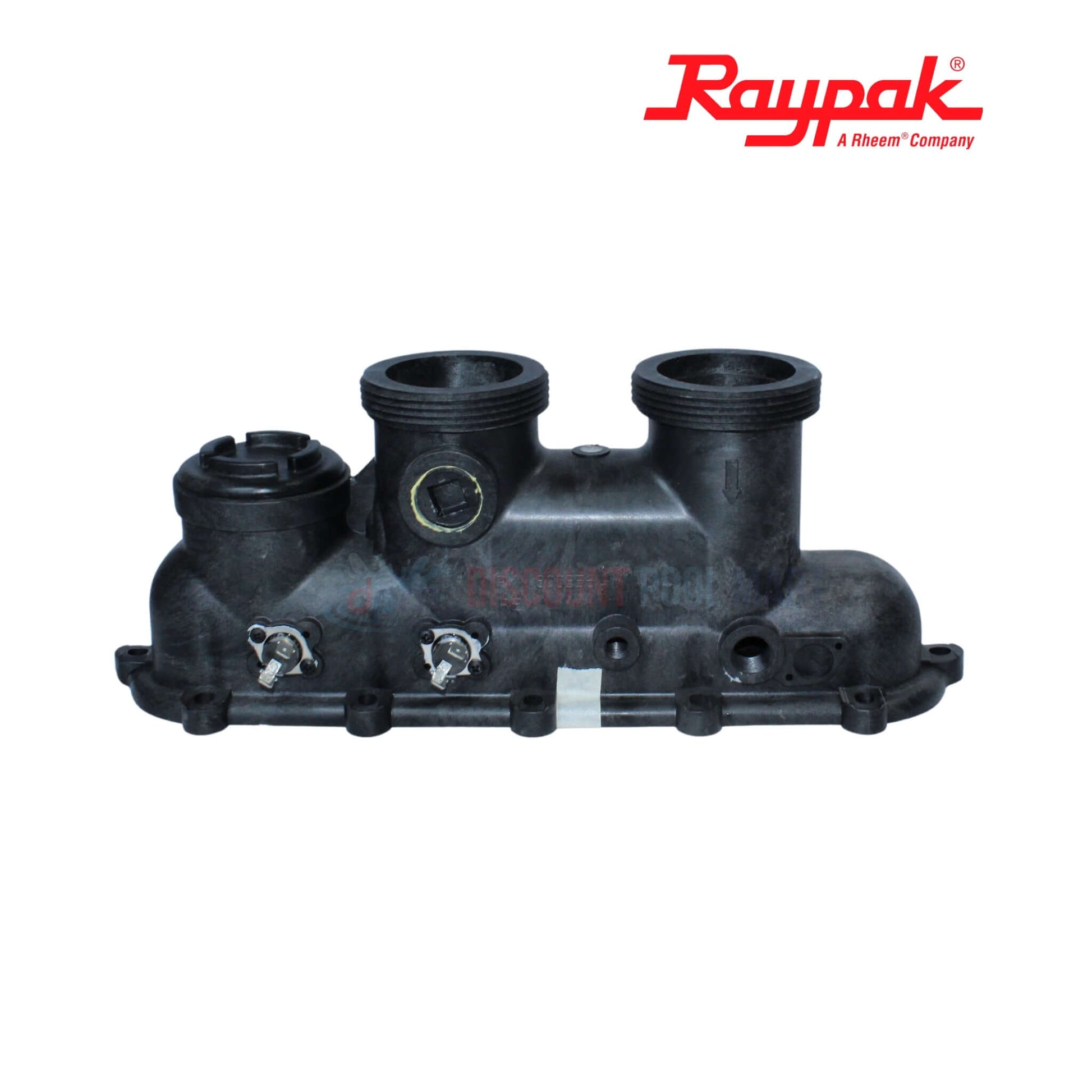 Raypak Inlet Outlet Header Assembly for Polymer Heaters, model 006827F, from Discount Pool Mart (DPM), durable and efficient.