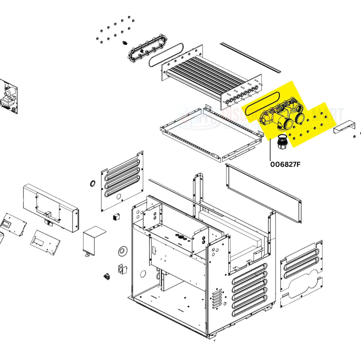 Raypak Inlet Outlet Header Assembly 006827F diagram, featuring parts for polymer heaters from Discount Pool Mart DPM.