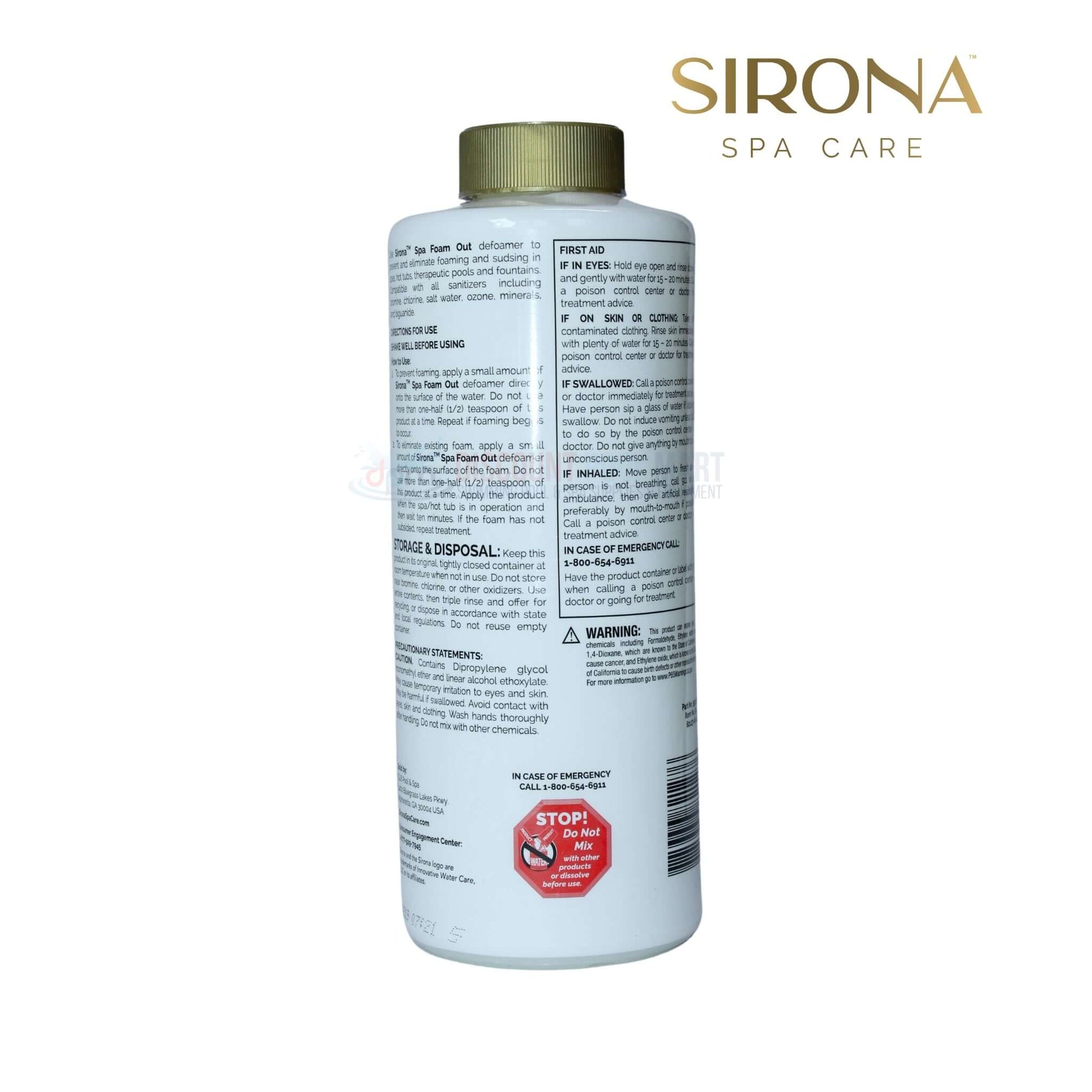 Sirona Spa Foam Out 32oz by Discount Pool Mart DPM, fast-acting defoamer for spas and hot tubs, eliminates foaming.