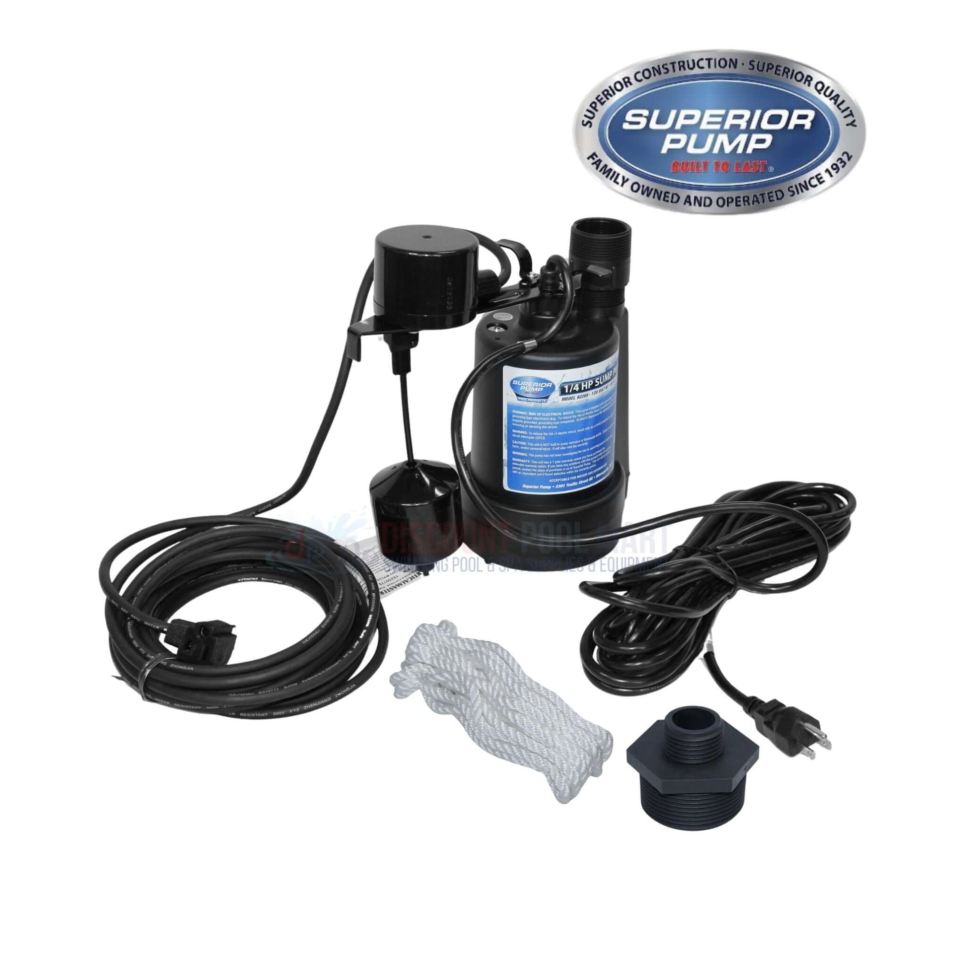 Superior Thermoplastic Submersible Sump Pump with accessories; 1800 GPH, 1/4 HP from Discount Pool Mart DPM.