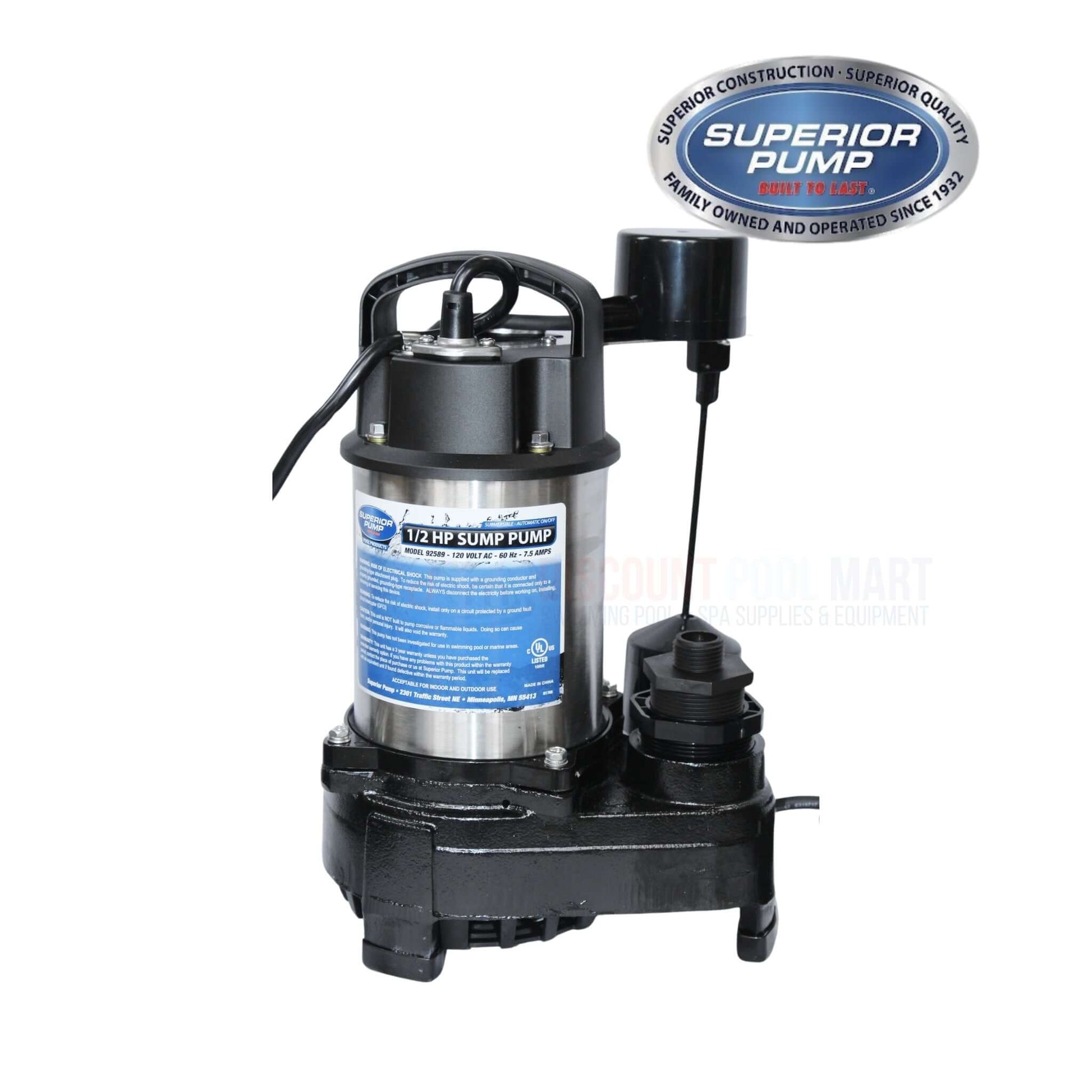 Superior Pump 1/2 HP submersible sump pump with stainless steel construction from Discount Pool Mart DPM, SKU 92589.
