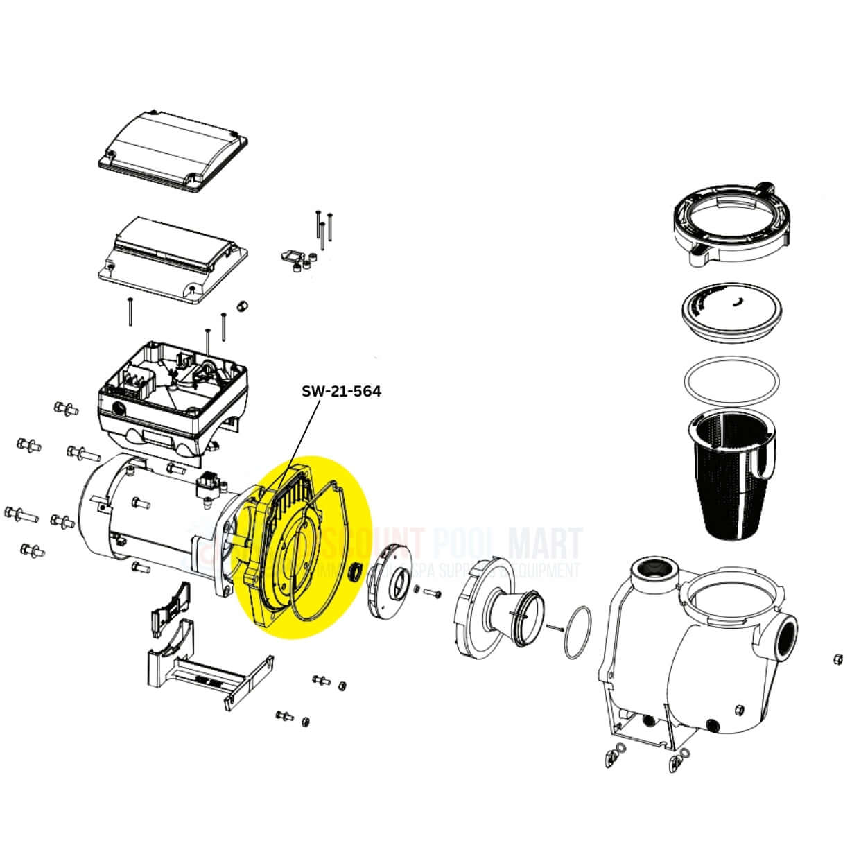 Exploded view of Swimables SW-21-564 Seal Plate, Gasket and Shaft Seal for Whisperflo and Intelliflo pumps by Discount Pool Mart DPM.