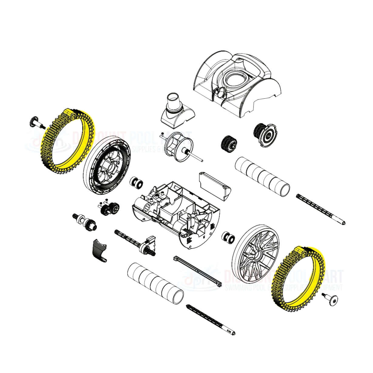Exploded view of Swimables Hayward style replacement tire components for Poolvergnuegen Aquanaut by Discount Pool Mart DPM.
