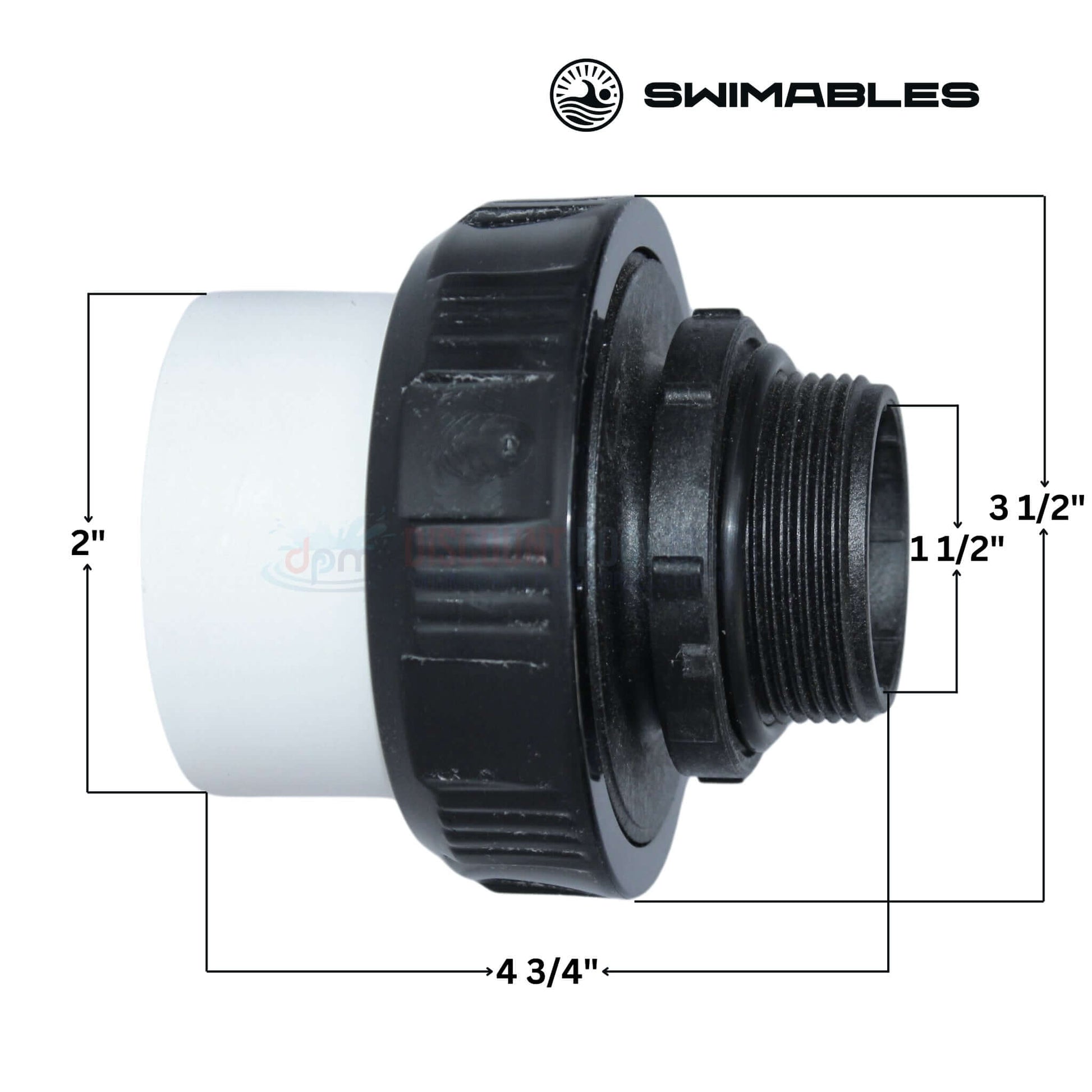 Swimables Hi Temp Union 1.5" MIP x 2" Socket dimensions, SKU SW-30-217, for DPM pool and spa systems.