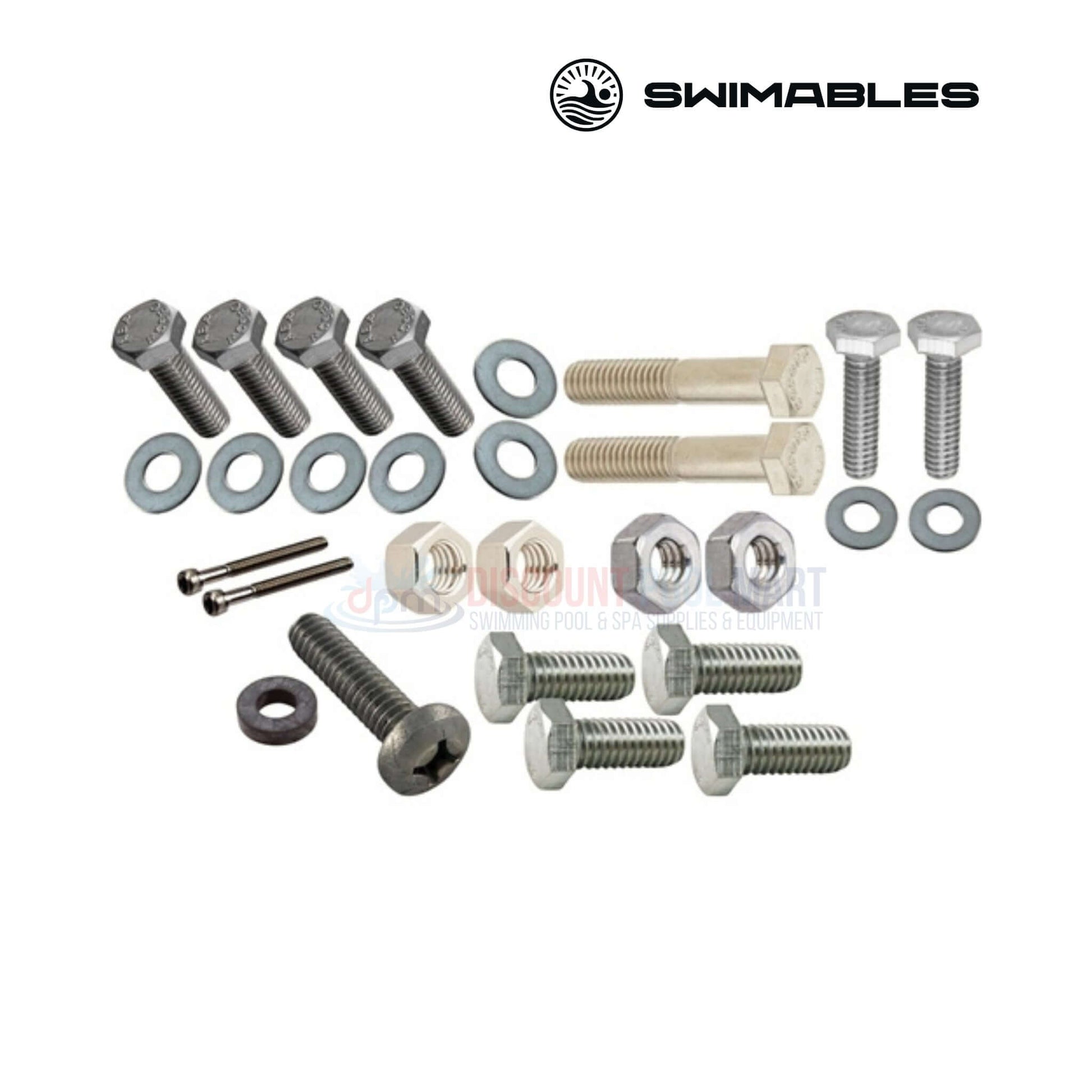 Swimables hardware kit including various bolts, washers, and nuts for Pool Equipment maintenance at Discount Pool Mart DPM.