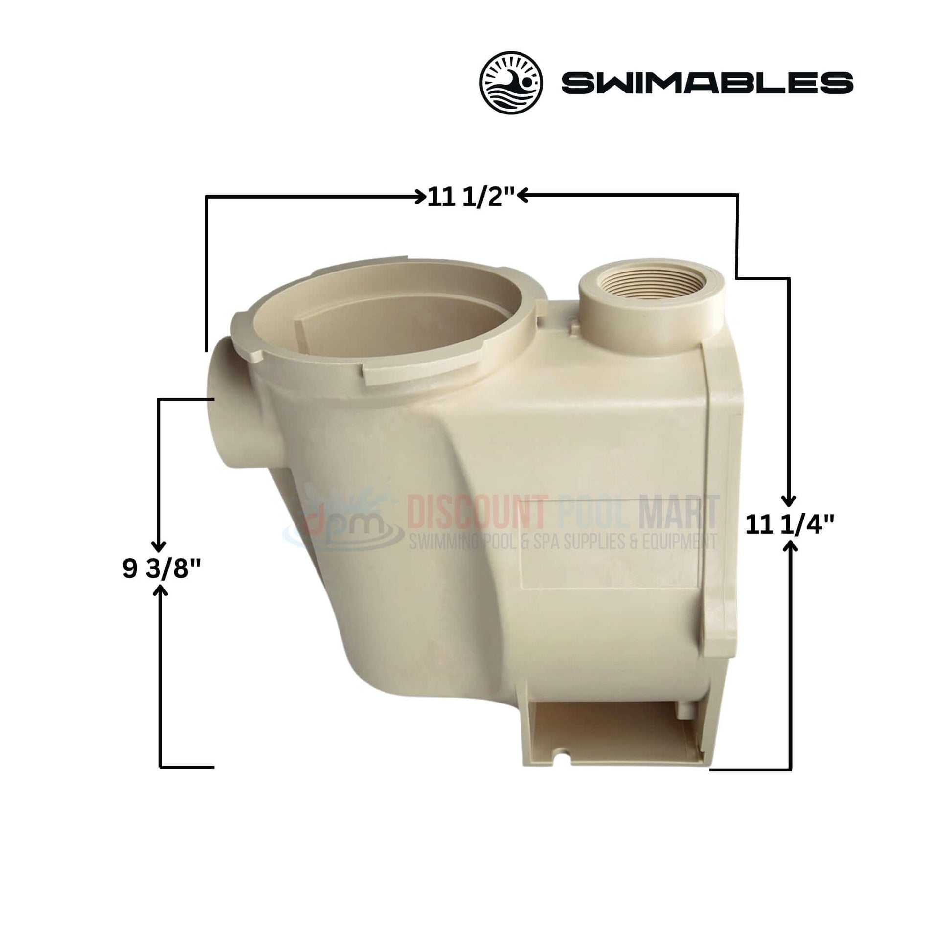 Swimables Wet End Volute Pot Kit for 3 HP pumps with dimensions; Discount Pool Mart DPM logo included.