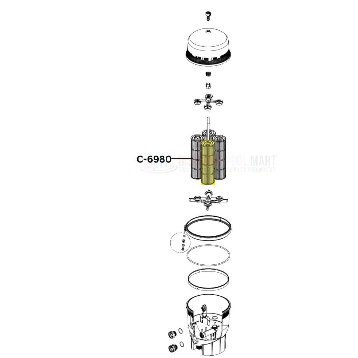 Exploded view of Unicel Cartridge C-6980 for Pentair Quad DE 80 Filters, available at Discount Pool Mart DPM.