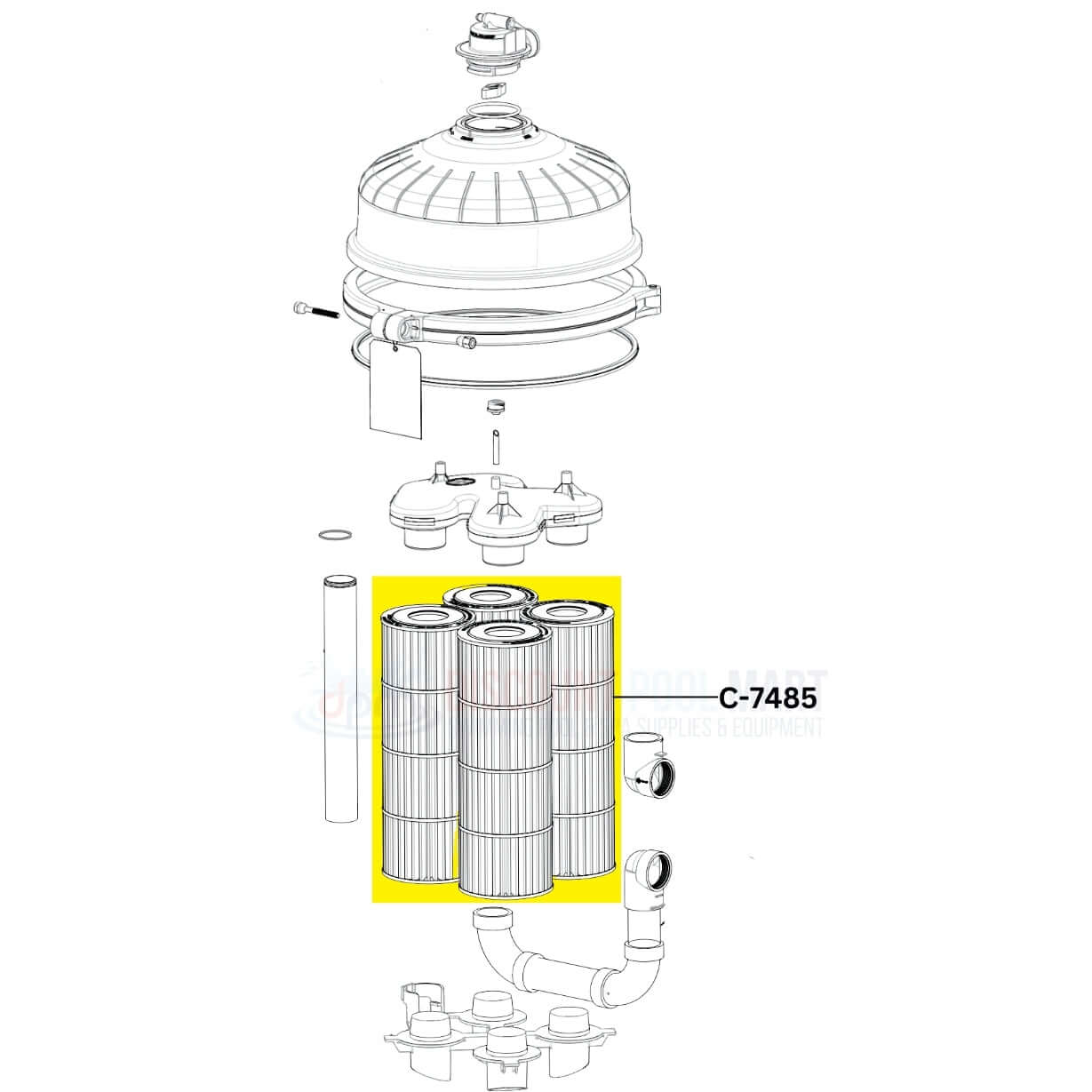 Unicel C-7485 Filter Cartridge for Hayward SwimClear 7030, from Discount Pool Mart DPM, showing detailed parts diagram.