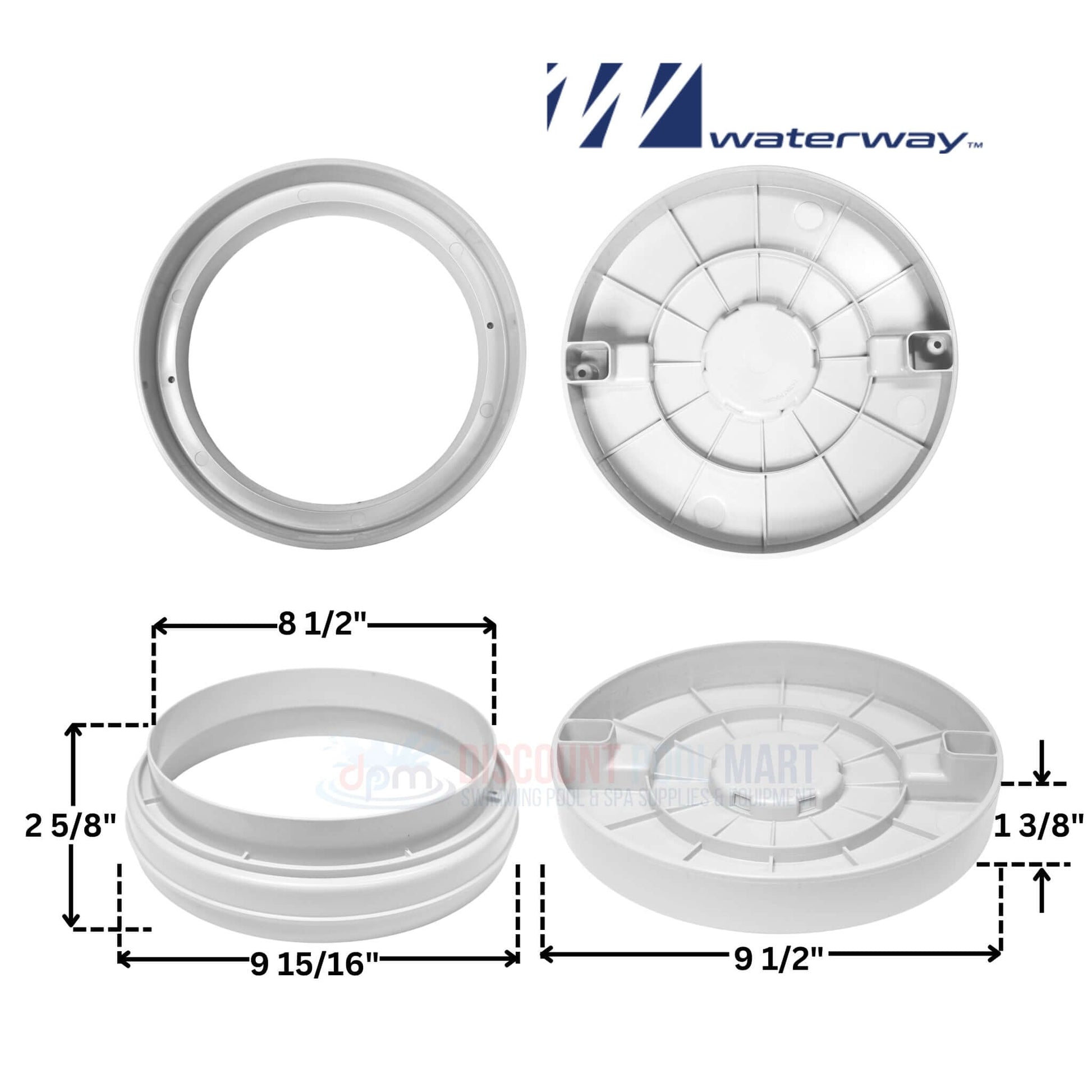 Waterway Reversible Skimmer Lid Assembly 540-7800WW, versatile white design from Discount Pool Mart (DPM), dimensions in image.